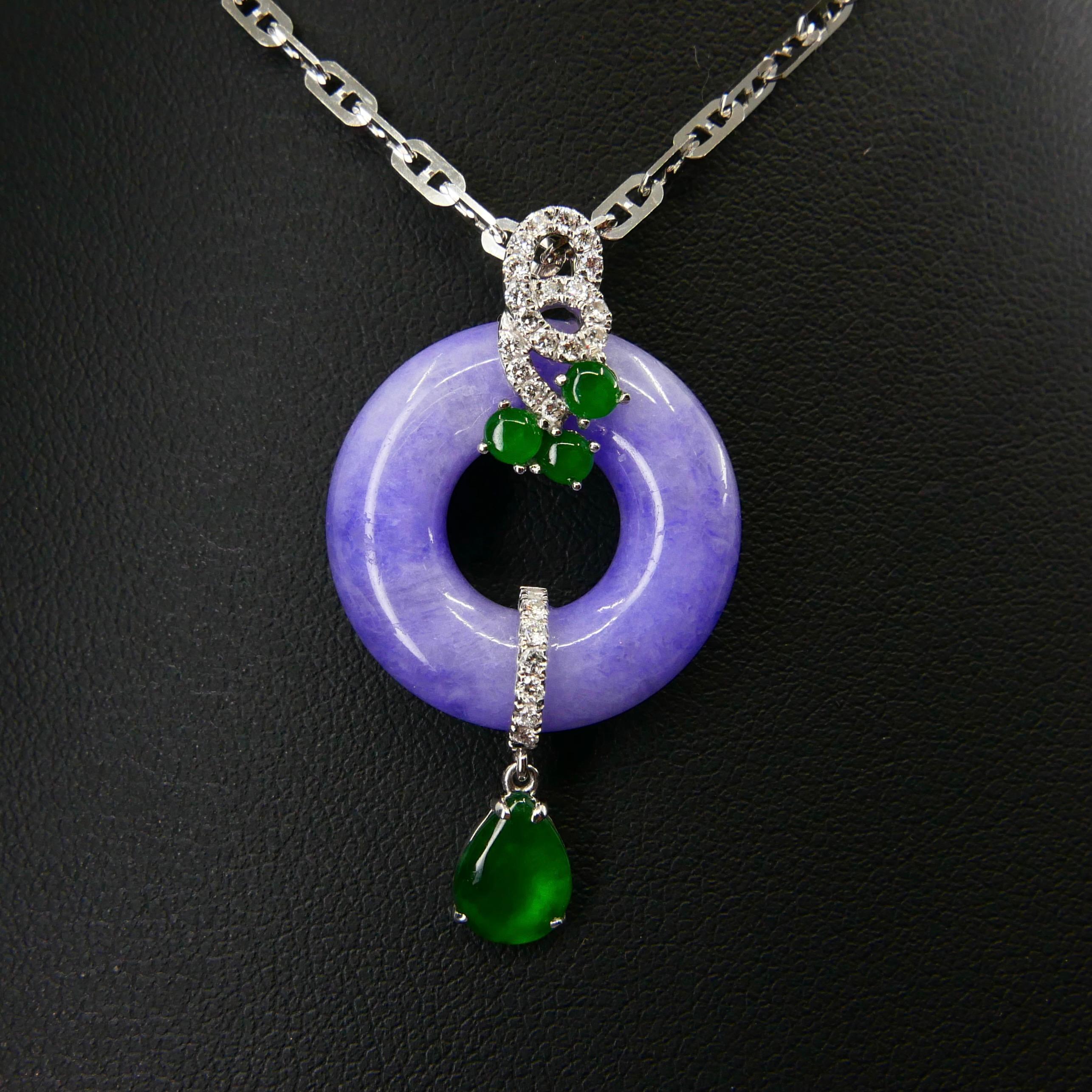 Certified Lavender & Imperial Green Jade Diamond Pendant Drop Necklace.  2