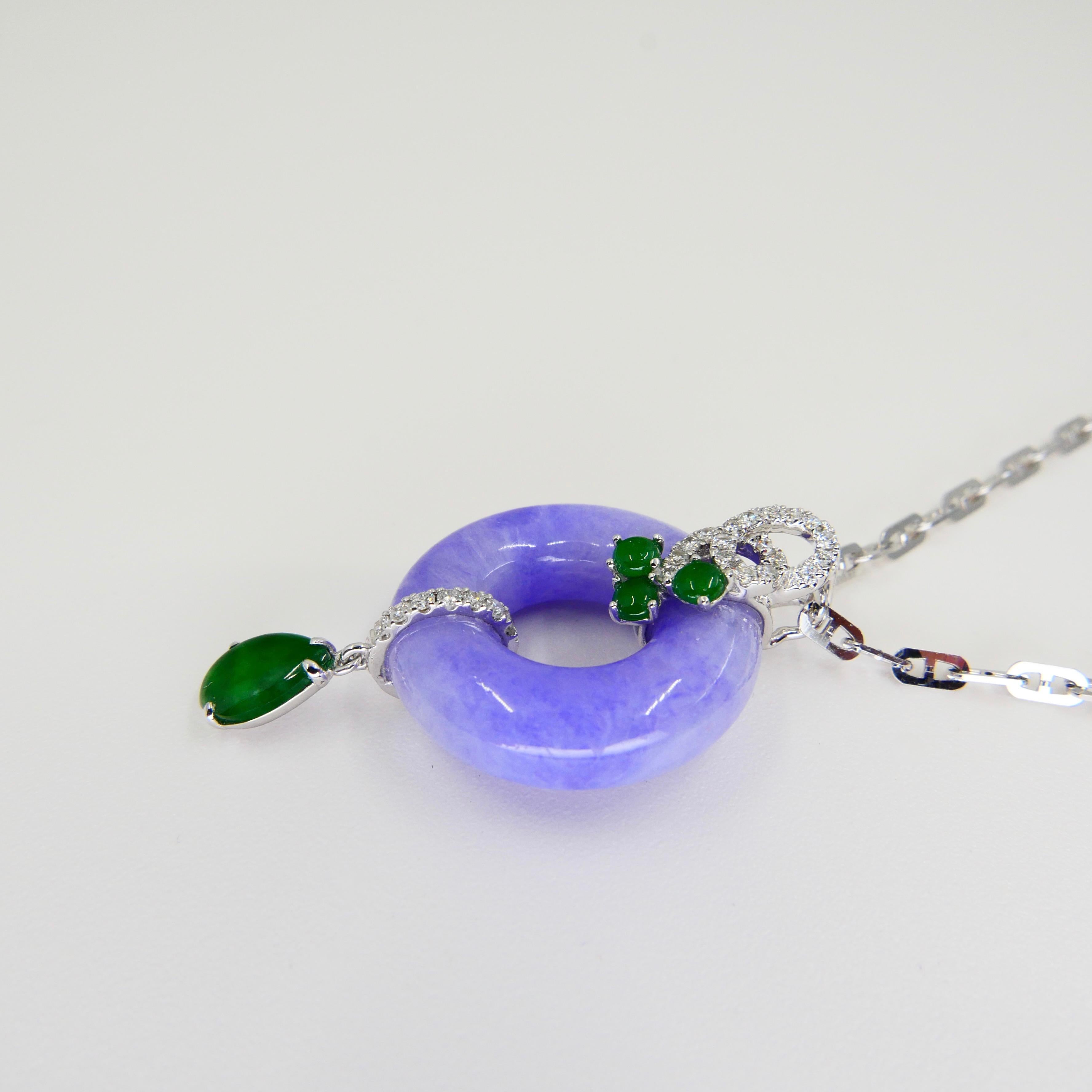Certified Lavender & Imperial Green Jade Diamond Pendant Drop Necklace.  6