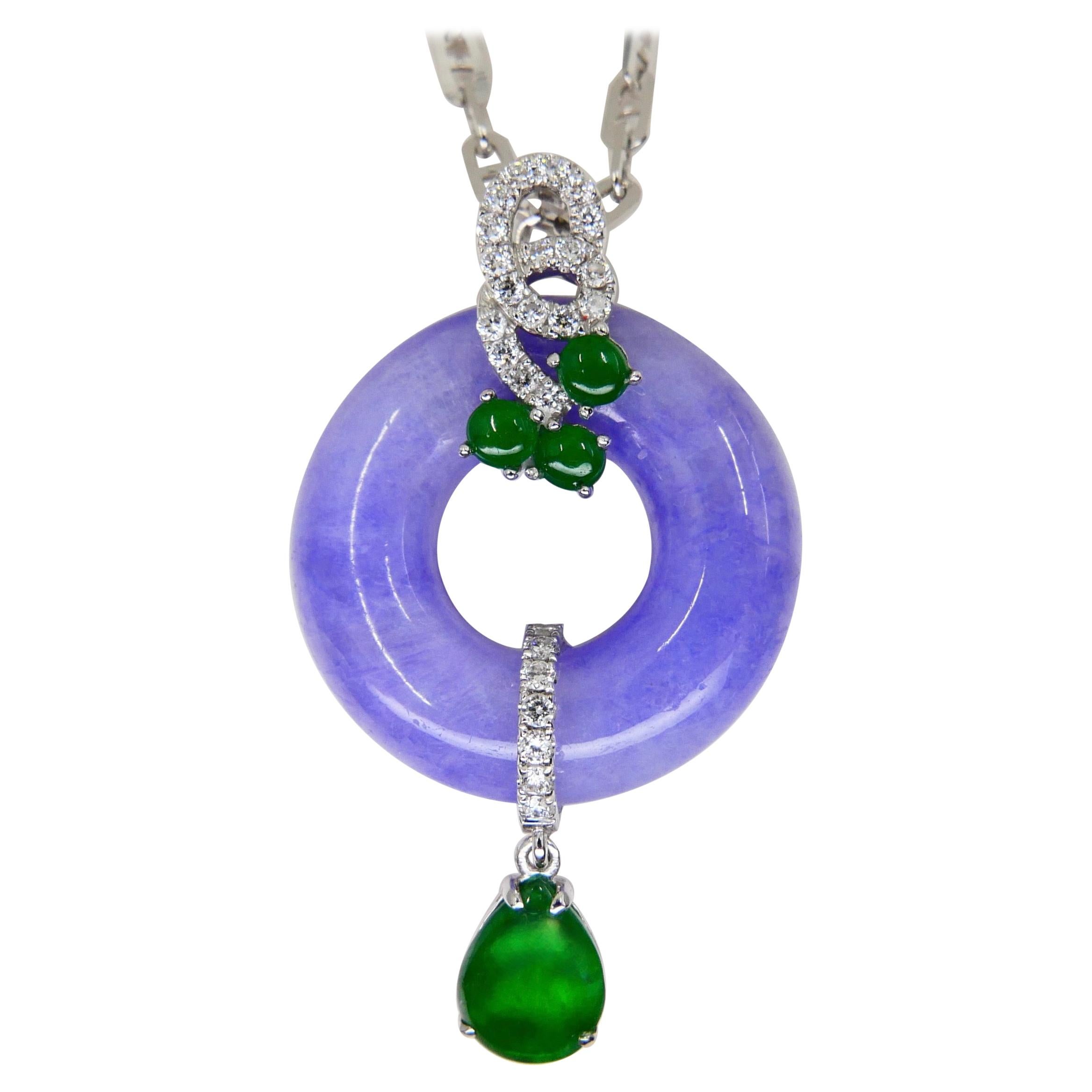 Certified Lavender Jade & Imperial Green Jade Diamond Pendant Drop Necklace