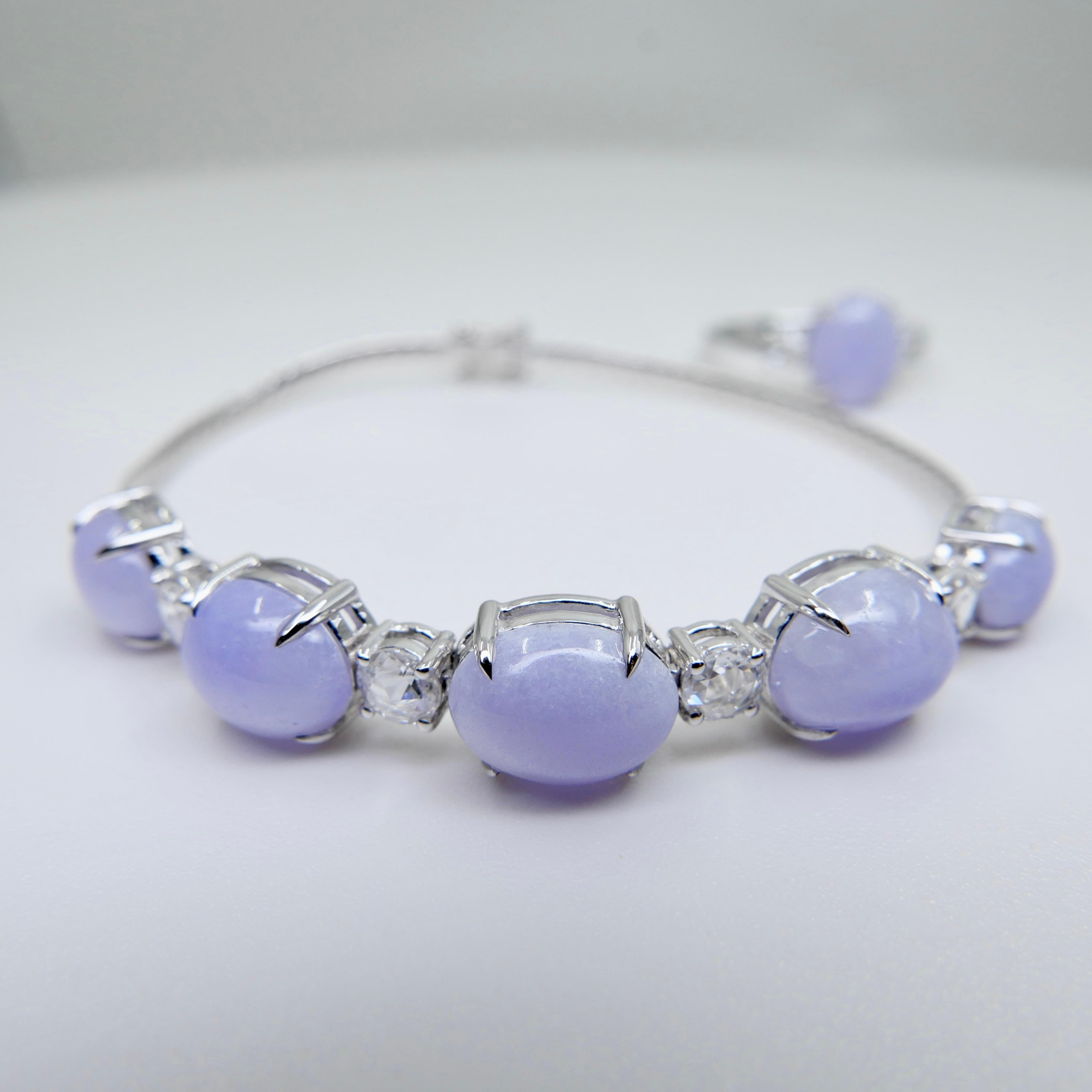 Certified Lavender Jade & Rose Cut Diamond 3 Stone Ring & Bracelet Set.  For Sale 4