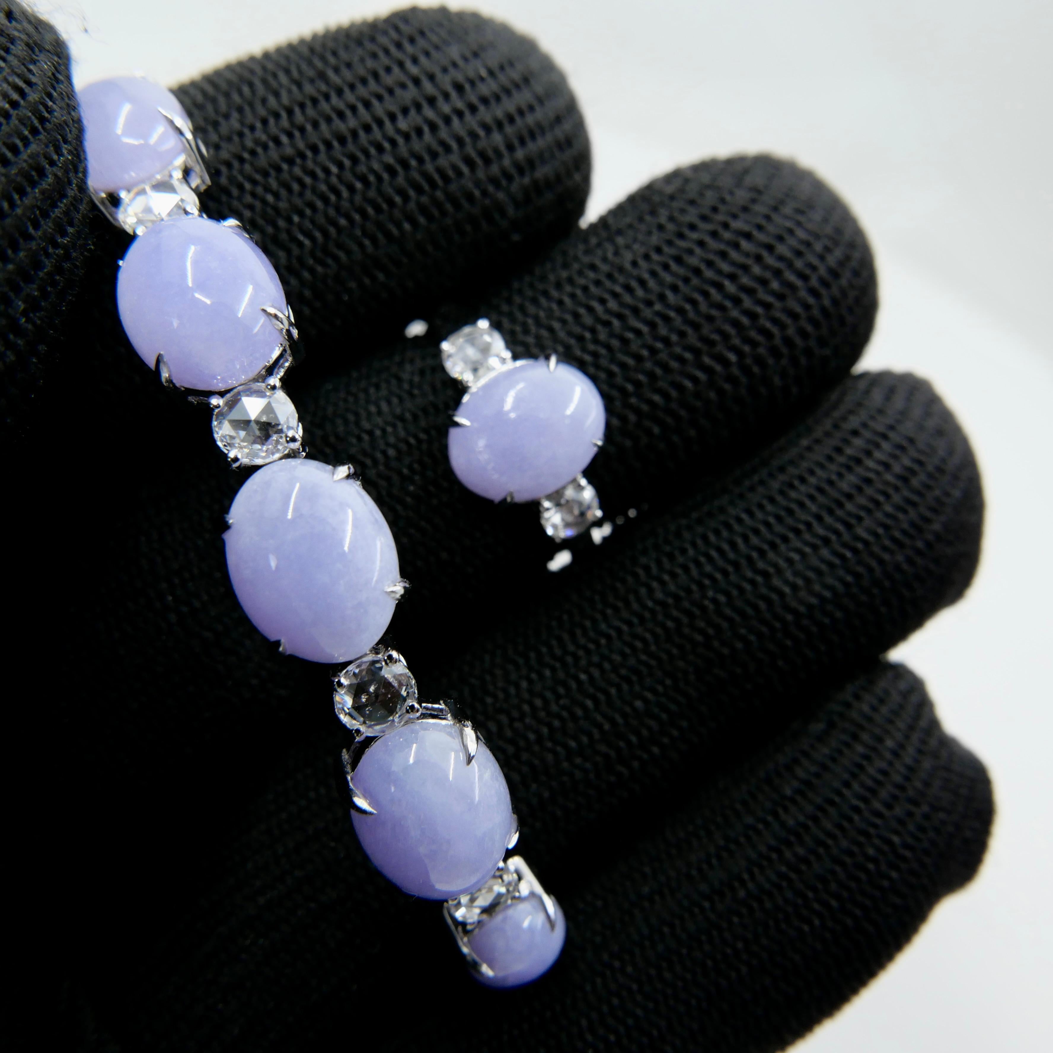 Certified Lavender Jade & Rose Cut Diamond 3 Stone Ring & Bracelet Set.  For Sale 5