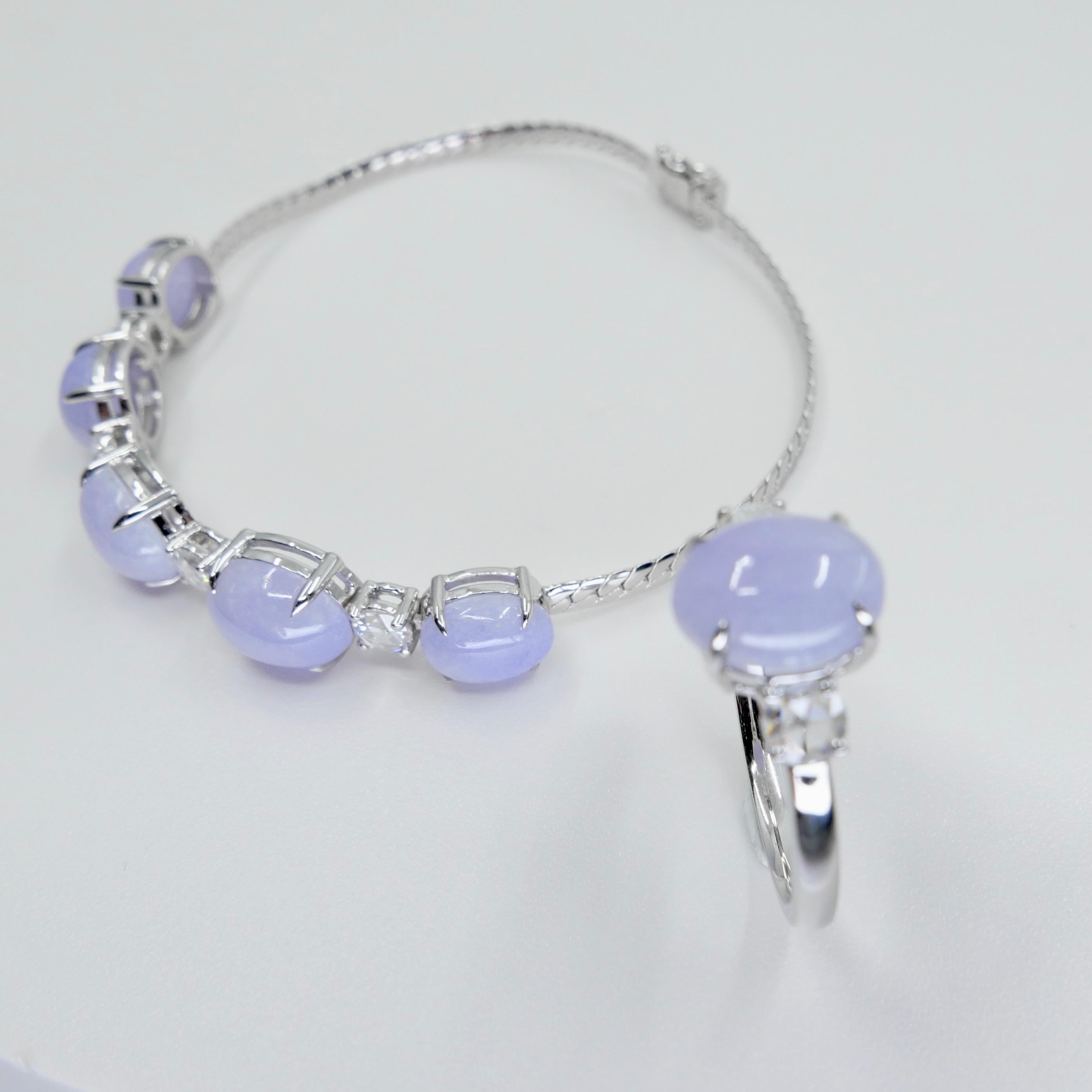 Certified Lavender Jade & Rose Cut Diamond 3 Stone Ring & Bracelet Set.  For Sale 6