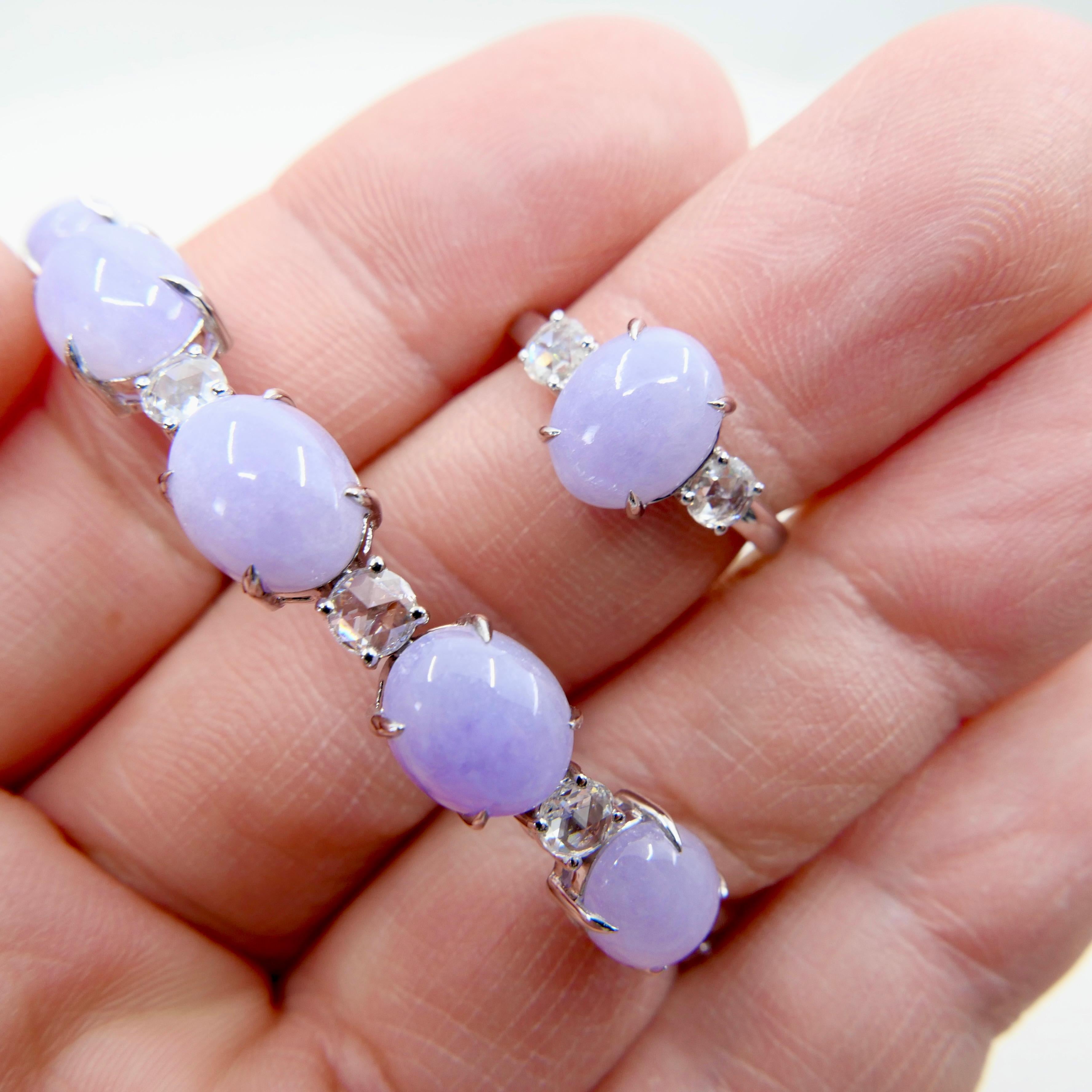 Certified Lavender Jade & Rose Cut Diamond 3 Stone Ring & Bracelet Set.  For Sale 7