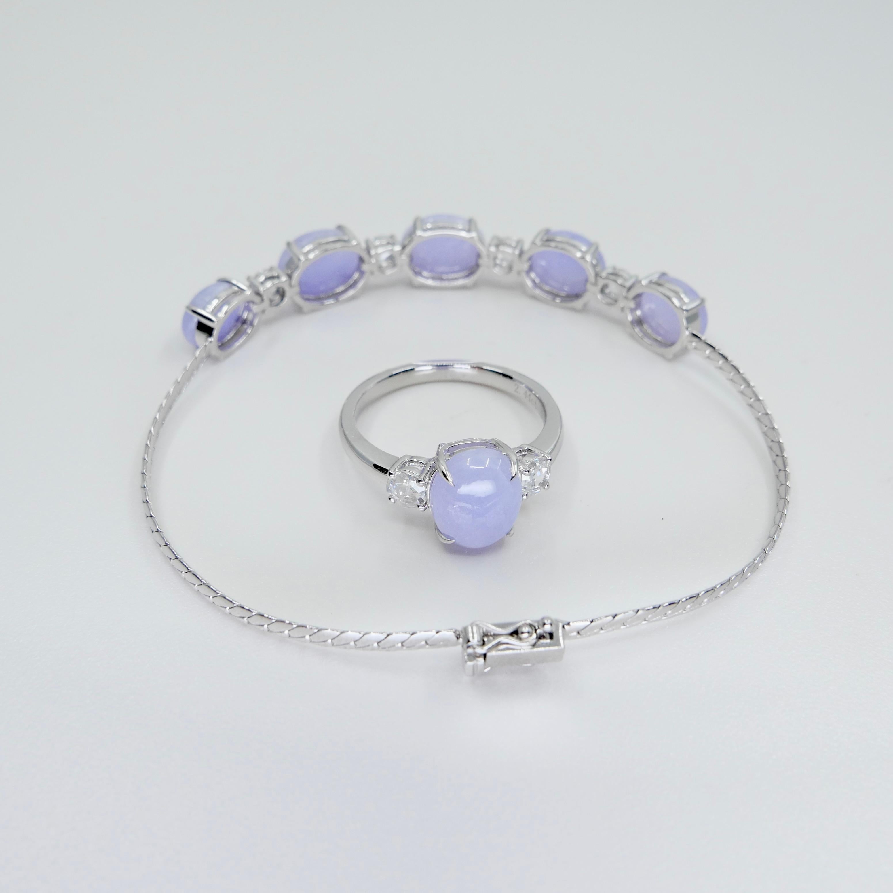 Certified Lavender Jade & Rose Cut Diamond 3 Stone Ring & Bracelet Set.  For Sale 8