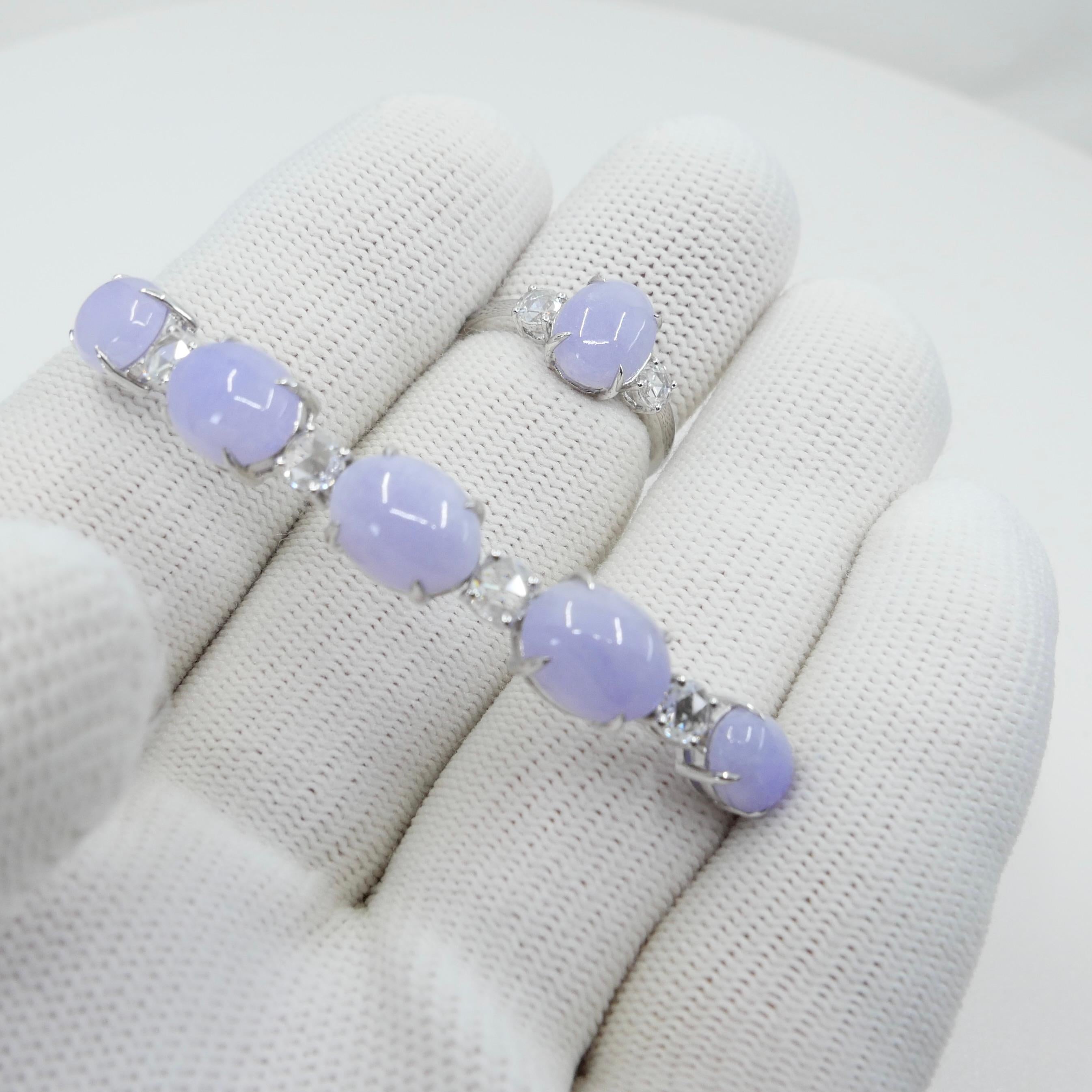Certified Lavender Jade & Rose Cut Diamond 3 Stone Ring & Bracelet Set.  For Sale 9