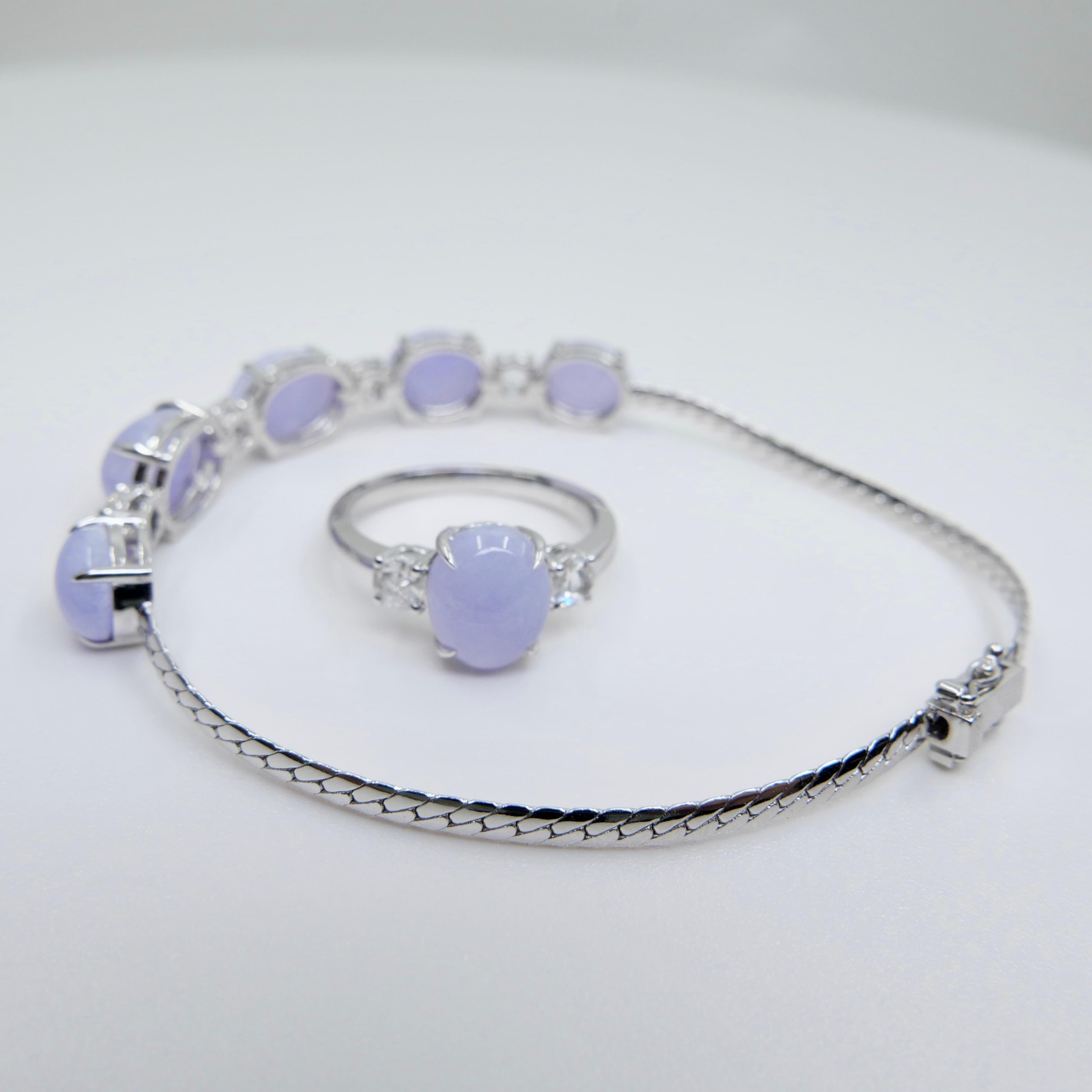 Certified Lavender Jade & Rose Cut Diamond 3 Stone Ring & Bracelet Set.  For Sale 10