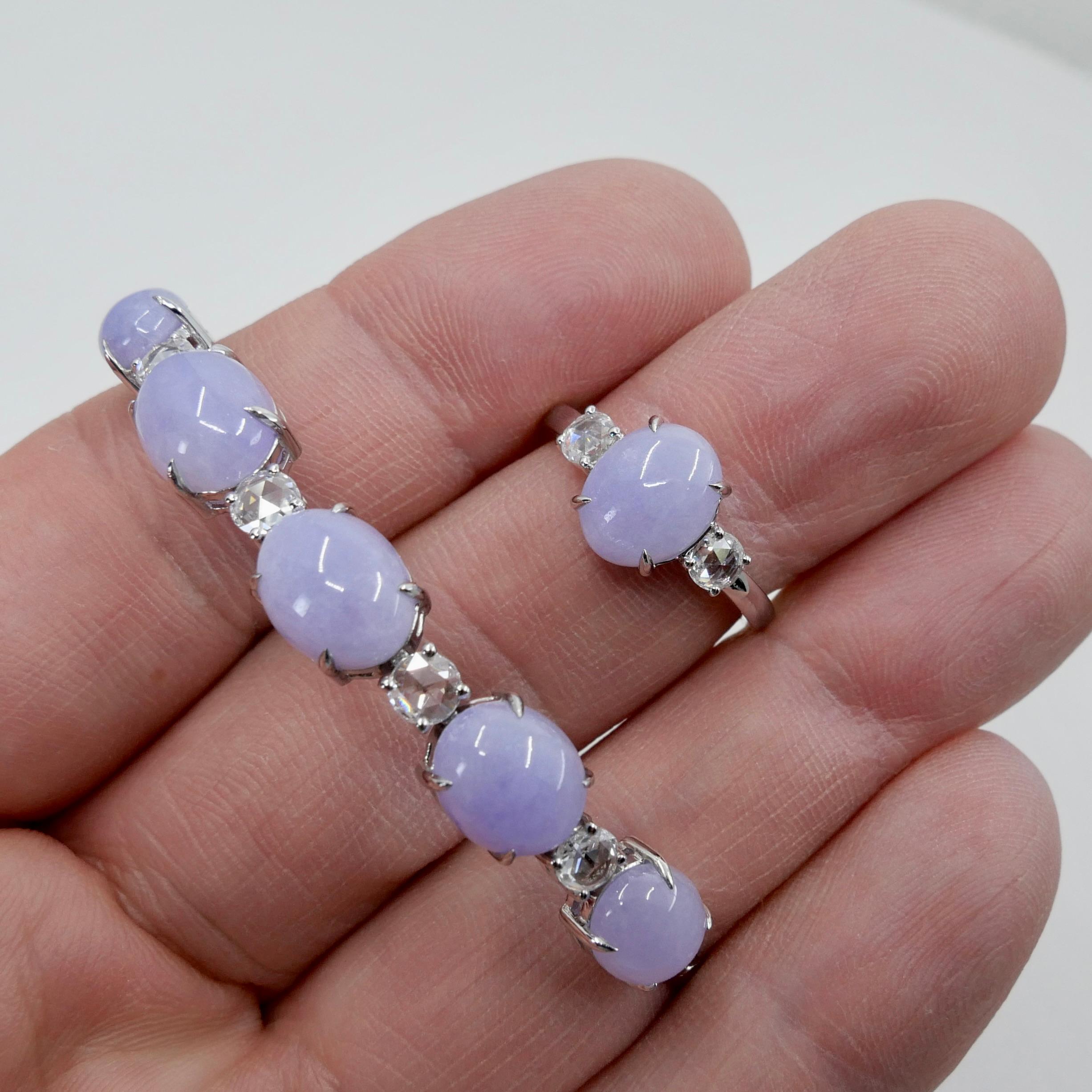 Certified Lavender Jade & Rose Cut Diamond 3 Stone Ring & Bracelet Set. For Sale 12