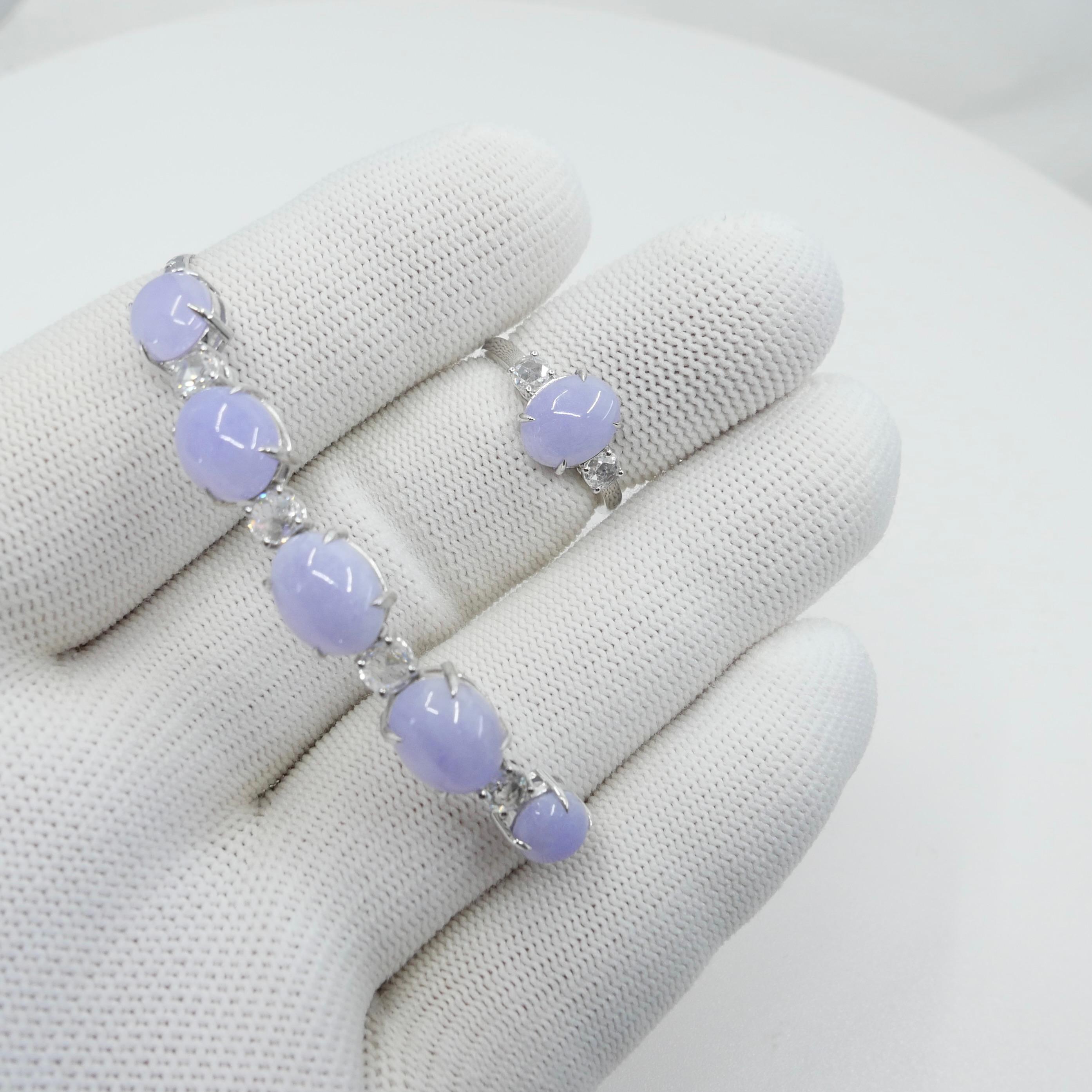 Contemporary Certified Lavender Jade & Rose Cut Diamond 3 Stone Ring & Bracelet Set.  For Sale