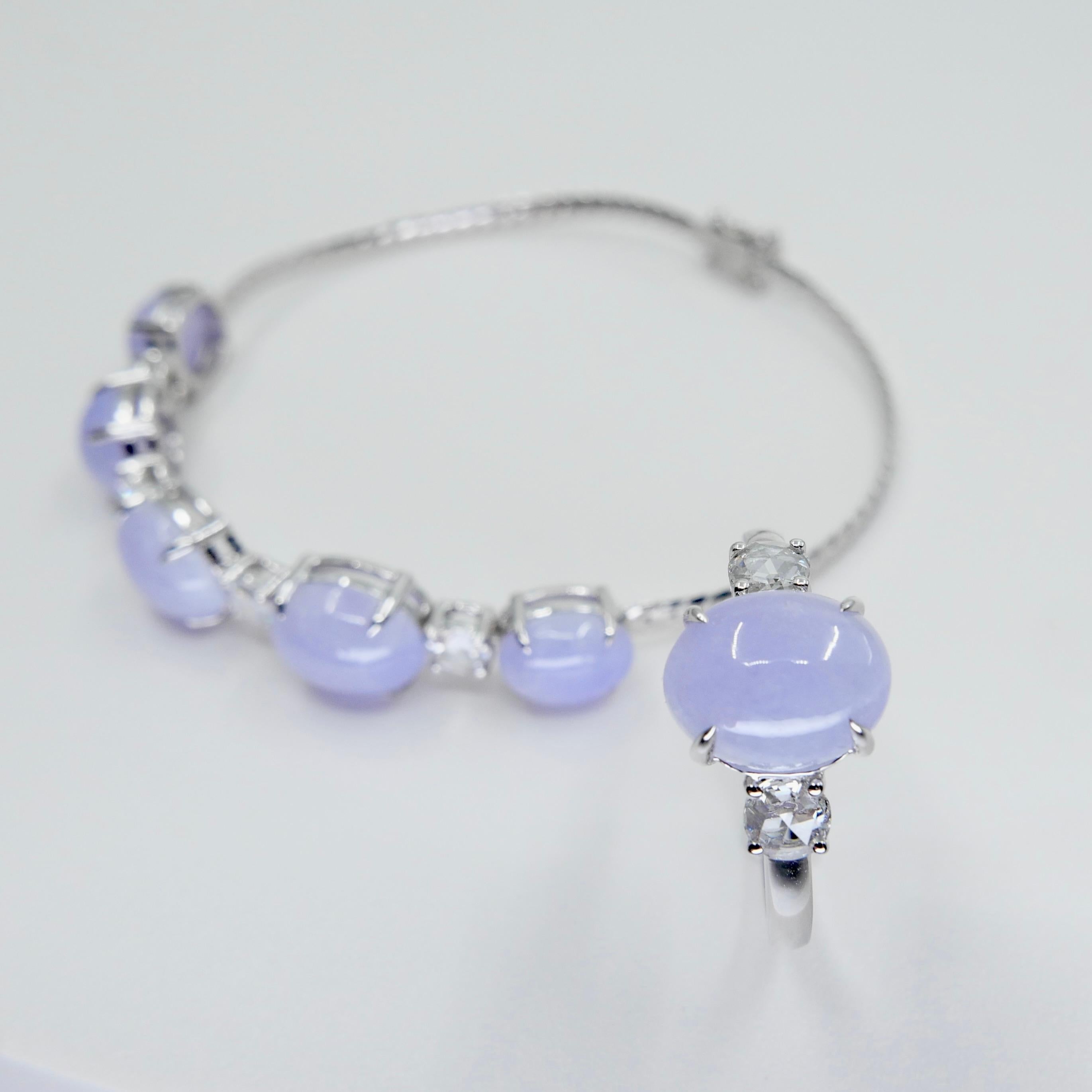Cabochon Certified Lavender Jade & Rose Cut Diamond 3 Stone Ring & Bracelet Set. For Sale