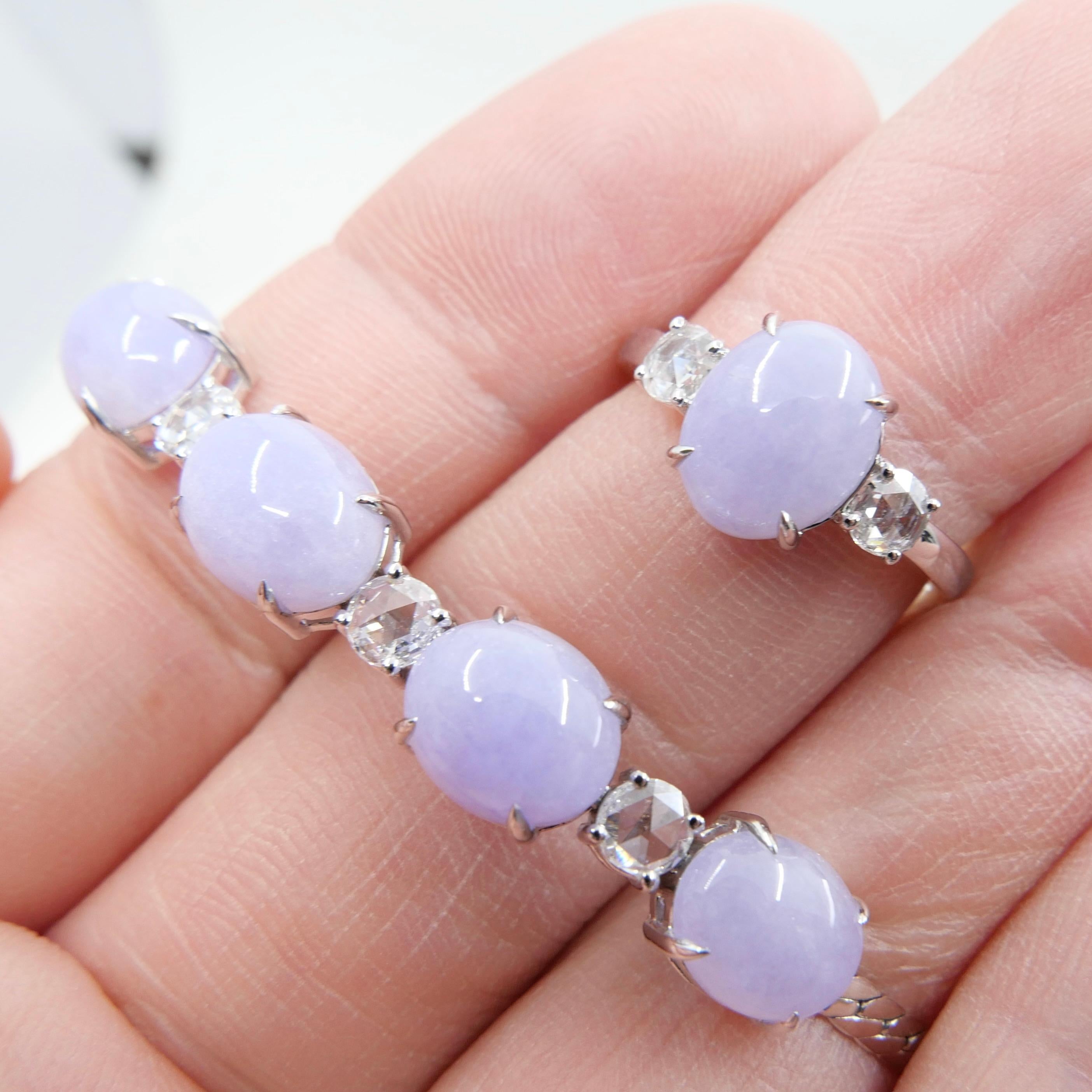 Certified Lavender Jade & Rose Cut Diamond 3 Stone Ring & Bracelet Set.  In New Condition For Sale In Hong Kong, HK