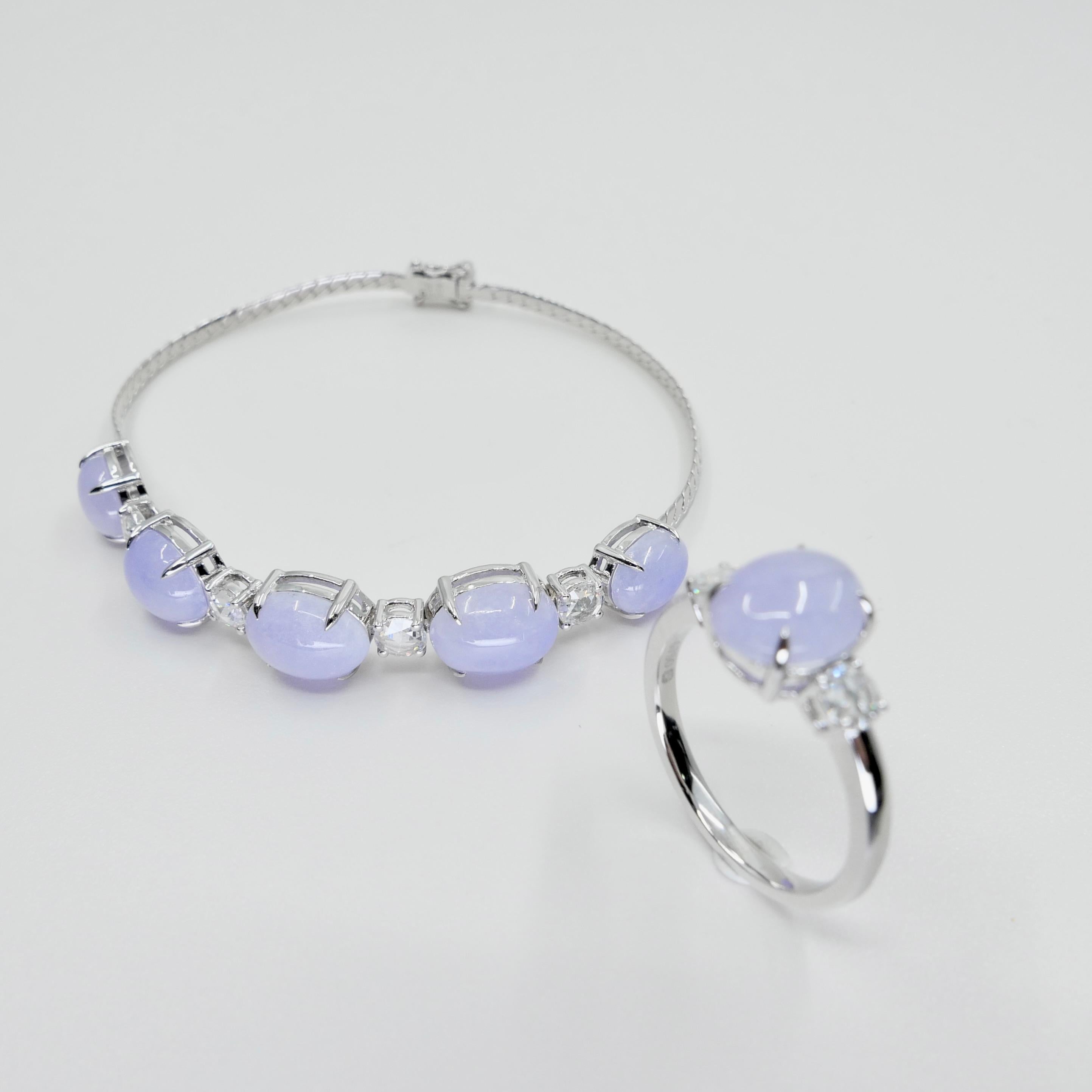 Women's Certified Lavender Jade & Rose Cut Diamond 3 Stone Ring & Bracelet Set.  For Sale