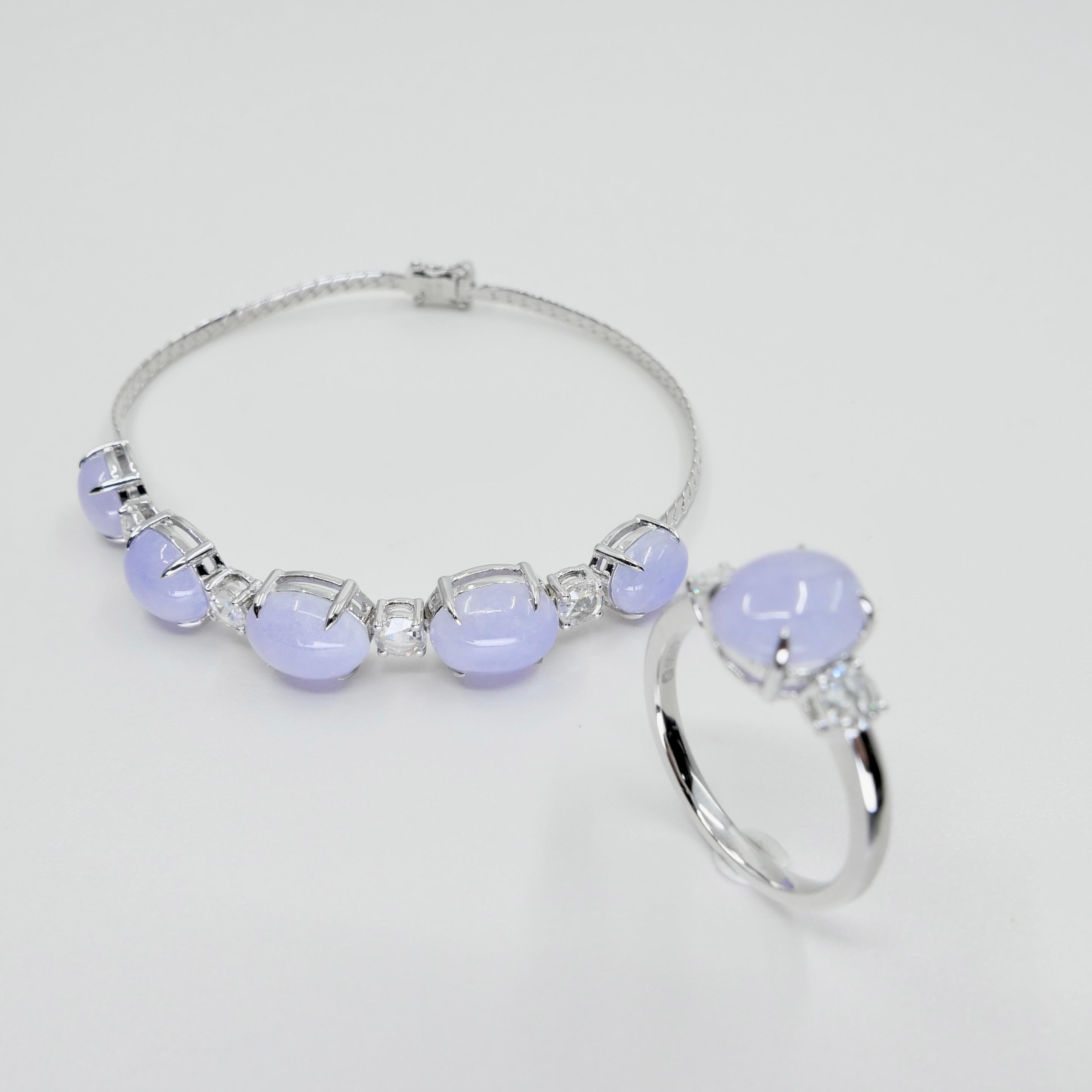 Women's Certified Lavender Jade & Rose Cut Diamond 3 Stone Ring & Bracelet Set. For Sale