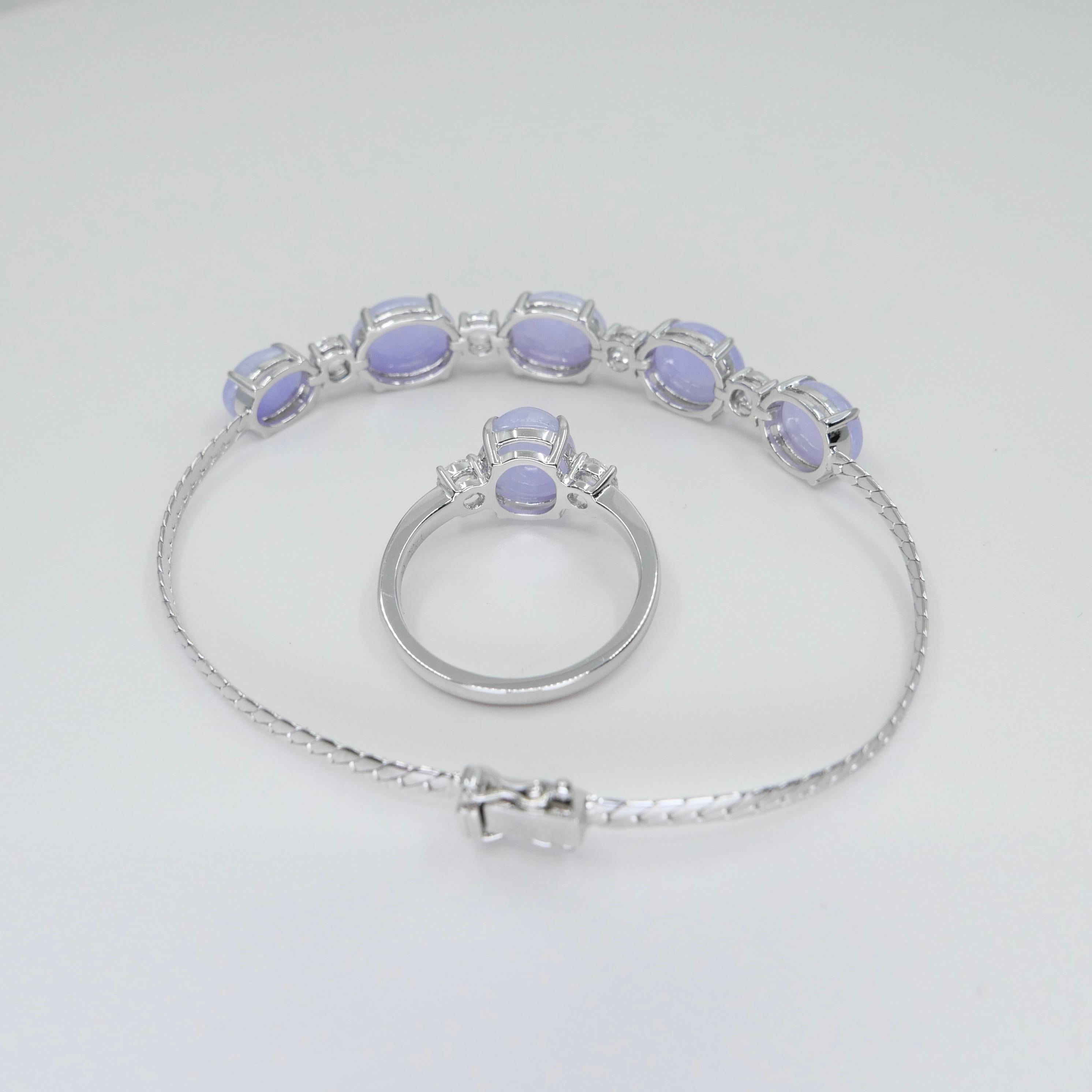 Certified Lavender Jade & Rose Cut Diamond 3 Stone Ring & Bracelet Set.  For Sale 2