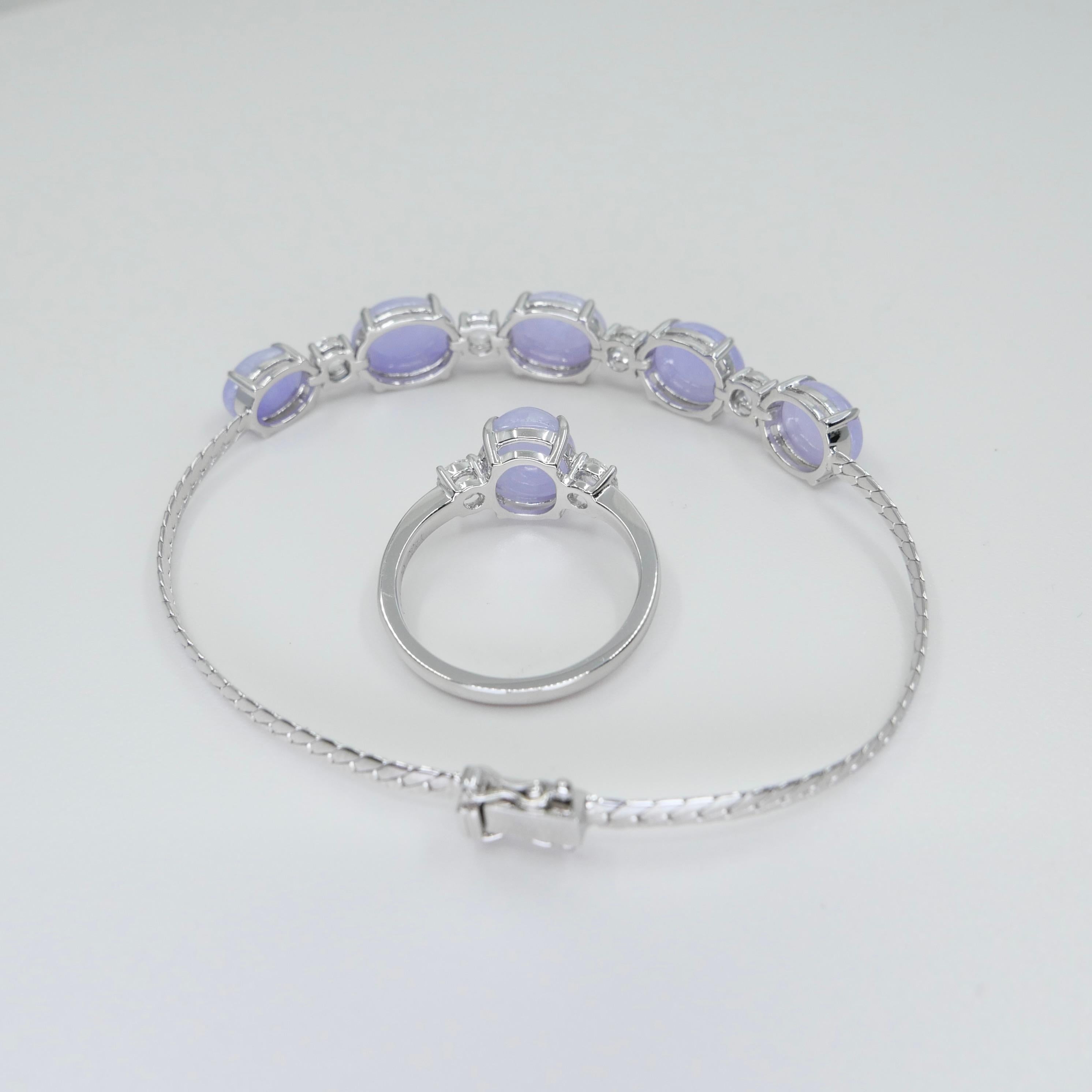 Certified Lavender Jade & Rose Cut Diamond 3 Stone Ring & Bracelet Set. For Sale 2