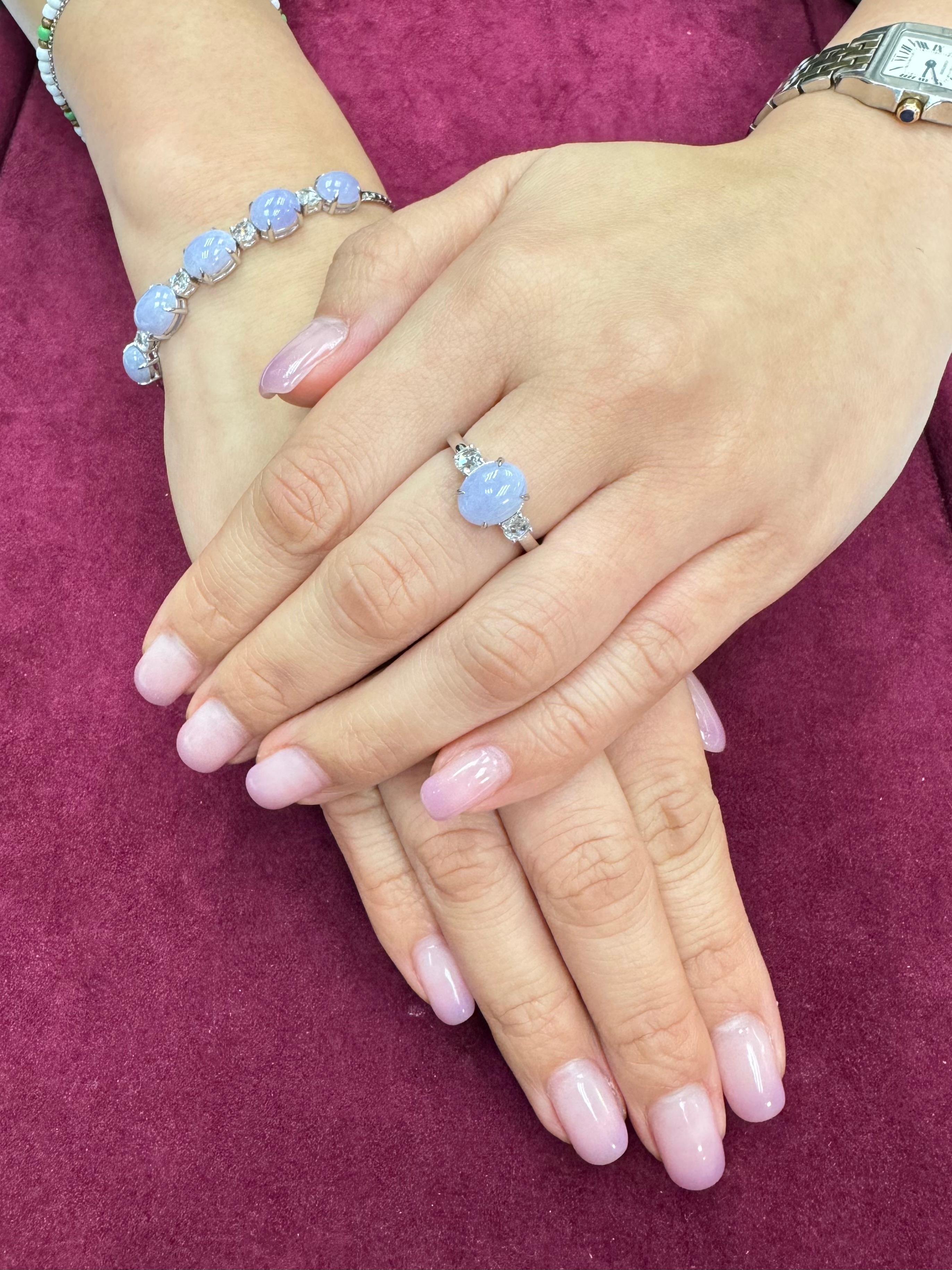 Certified Lavender Jade & Rose Cut Diamond 3 Stone Ring & Bracelet Set.  For Sale 3