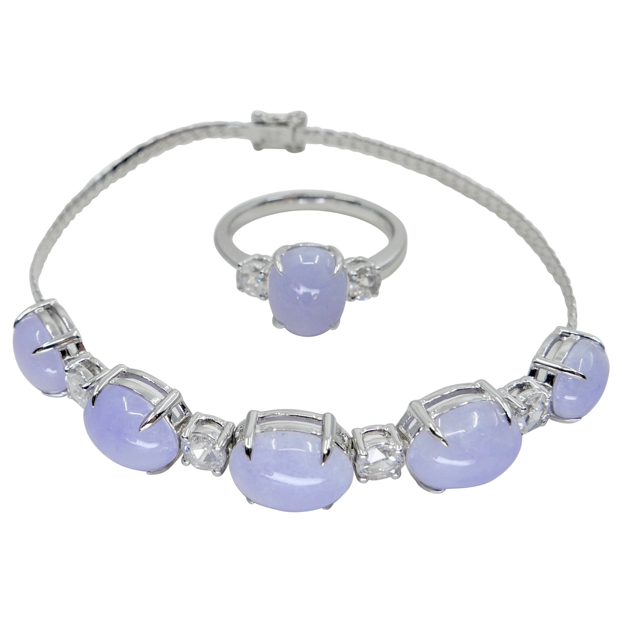 Conjunto de anillo y pulsera de 3 piedras con jade lavanda certificado y diamantes talla rosa.