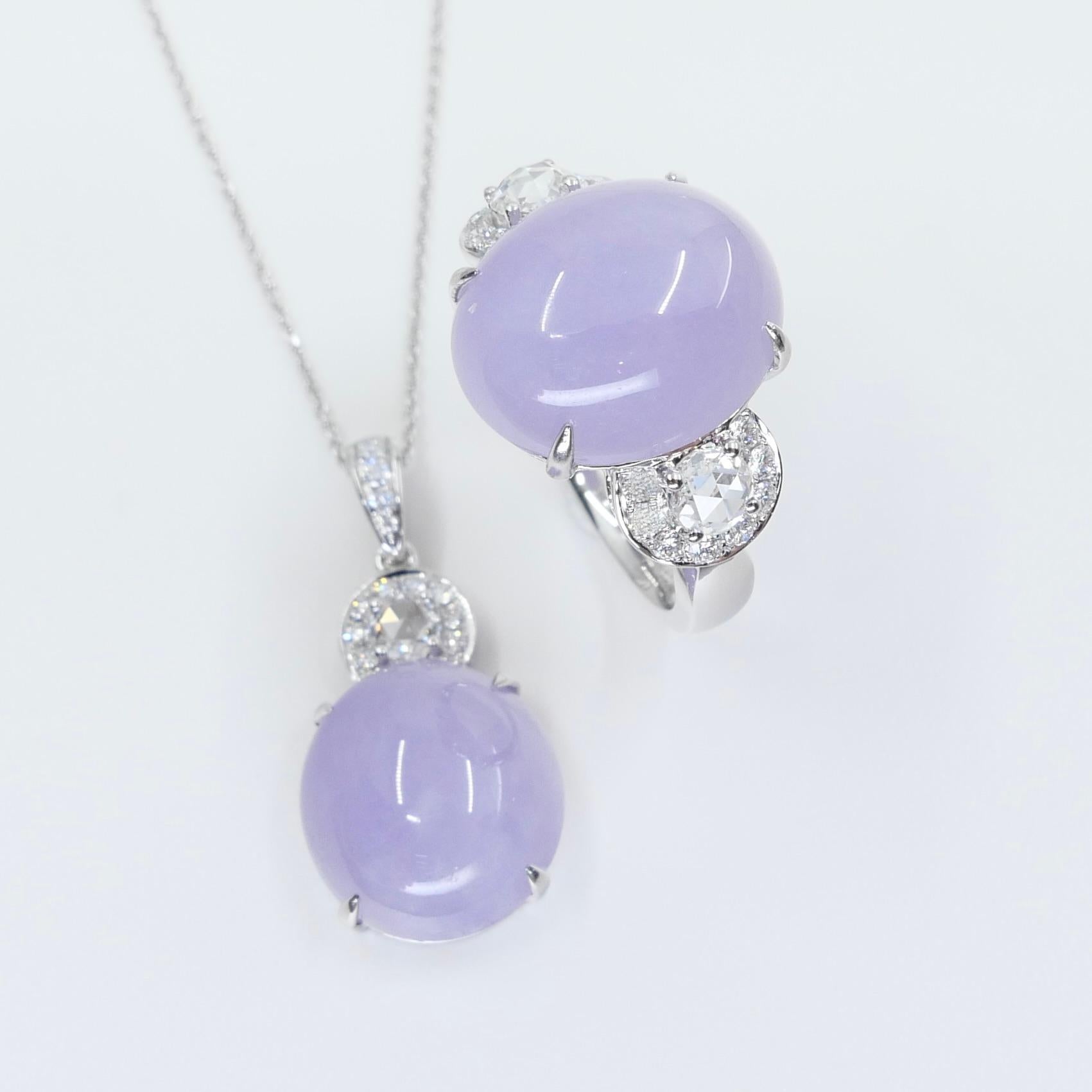 Certified Lavender Jade & Rose Cut Diamond Lucky Horseshoe Ring & Pendant Set.  For Sale 5