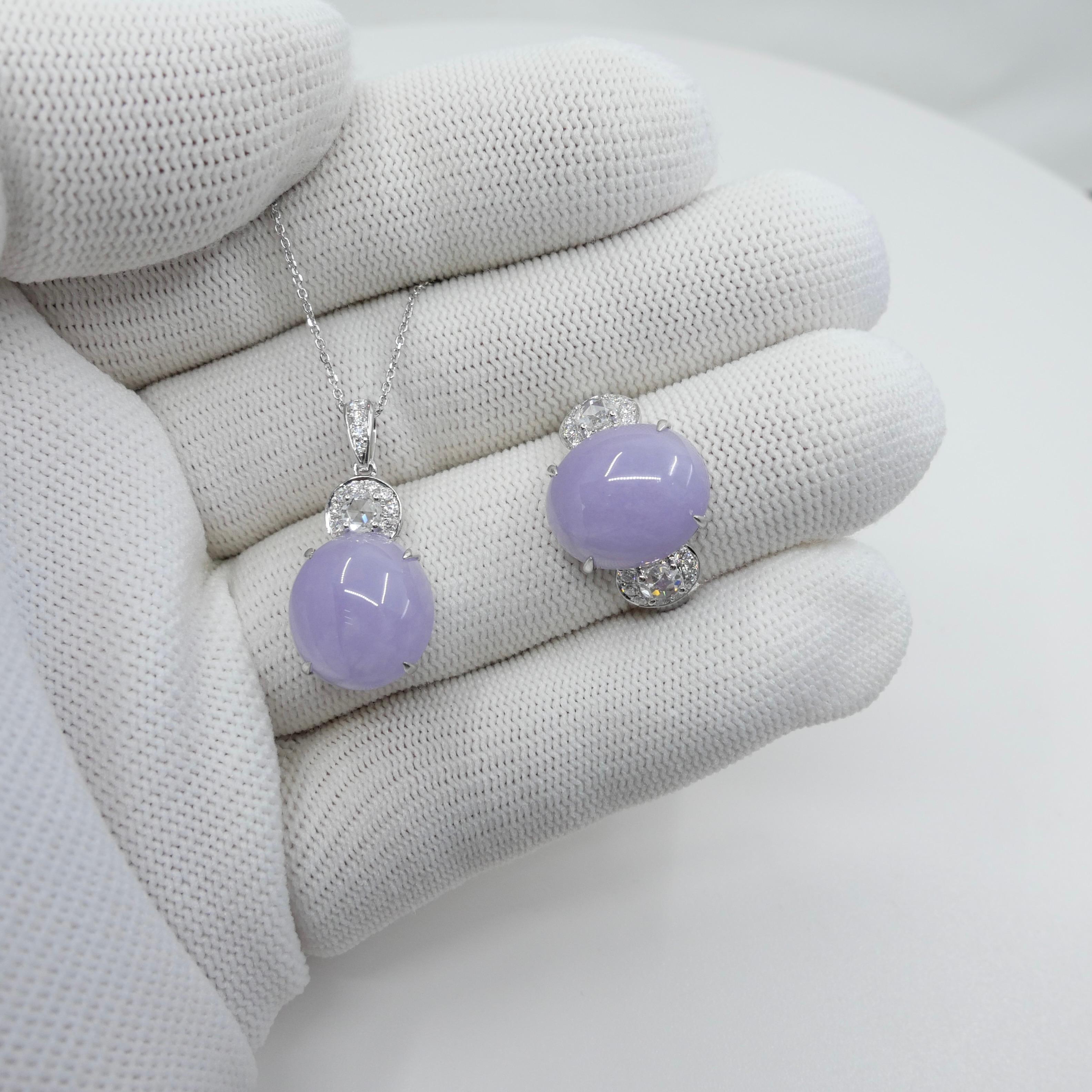 Certified Lavender Jade & Rose Cut Diamond Lucky Horseshoe Ring & Pendant Set.  For Sale 6