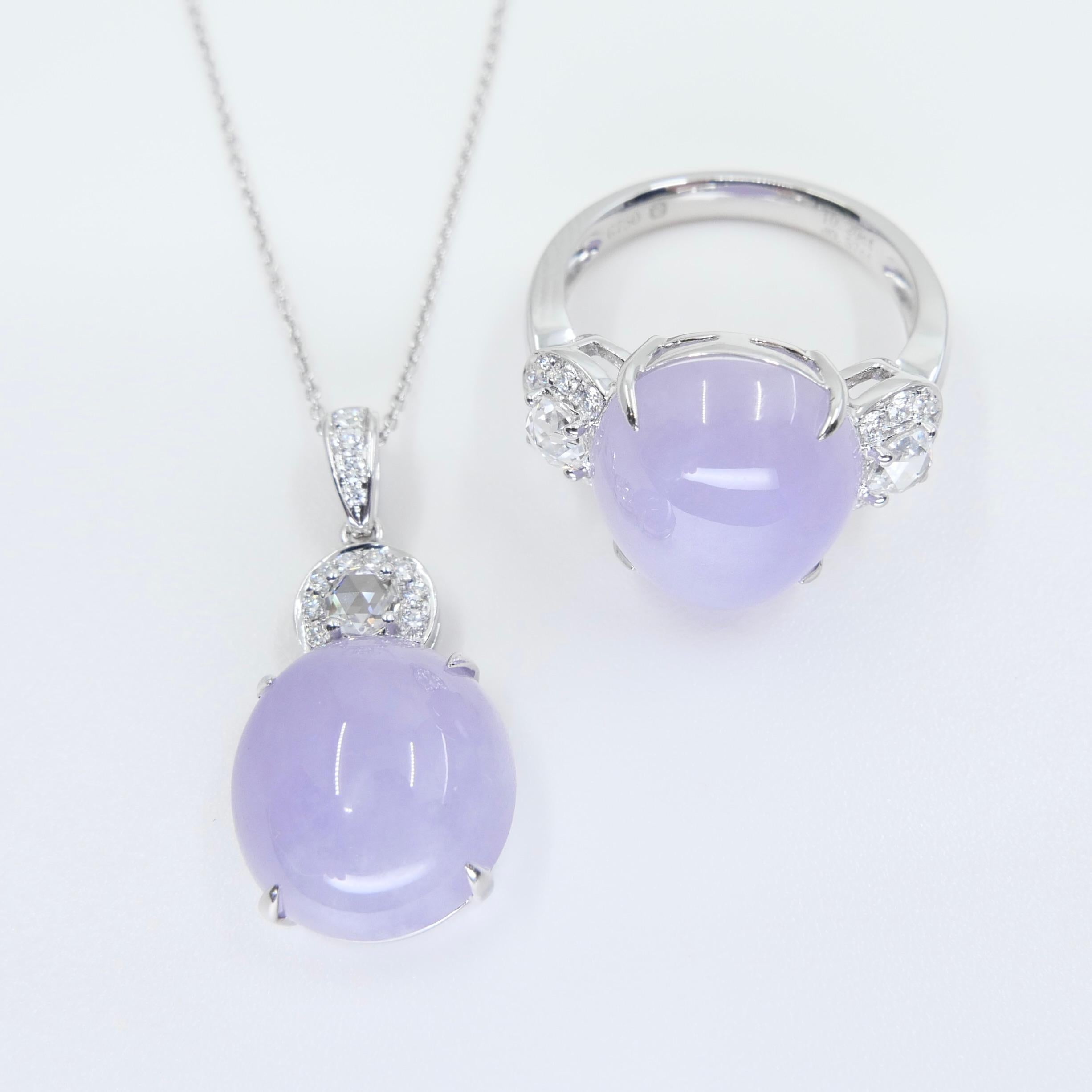 Certified Lavender Jade & Rose Cut Diamond Lucky Horseshoe Ring & Pendant Set.  For Sale 7