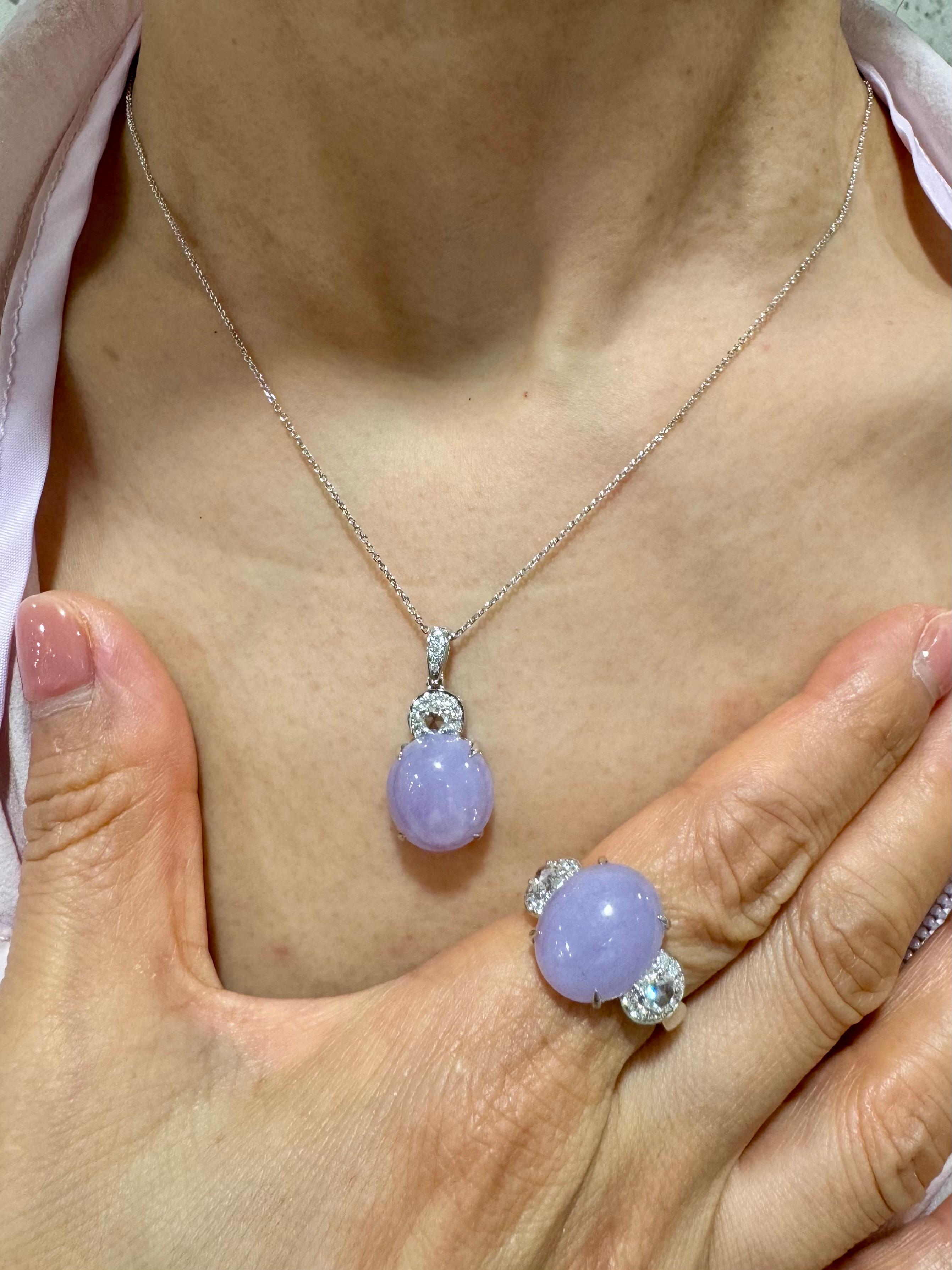 Please check out the HD Video! Here is a very eye pleasing lavender jade-diamond ring and pendant set! Both set with lucky horseshoe motifs.  It is certified natural jadeite jade without any treatment. 
The ring is set in 18k white gold and