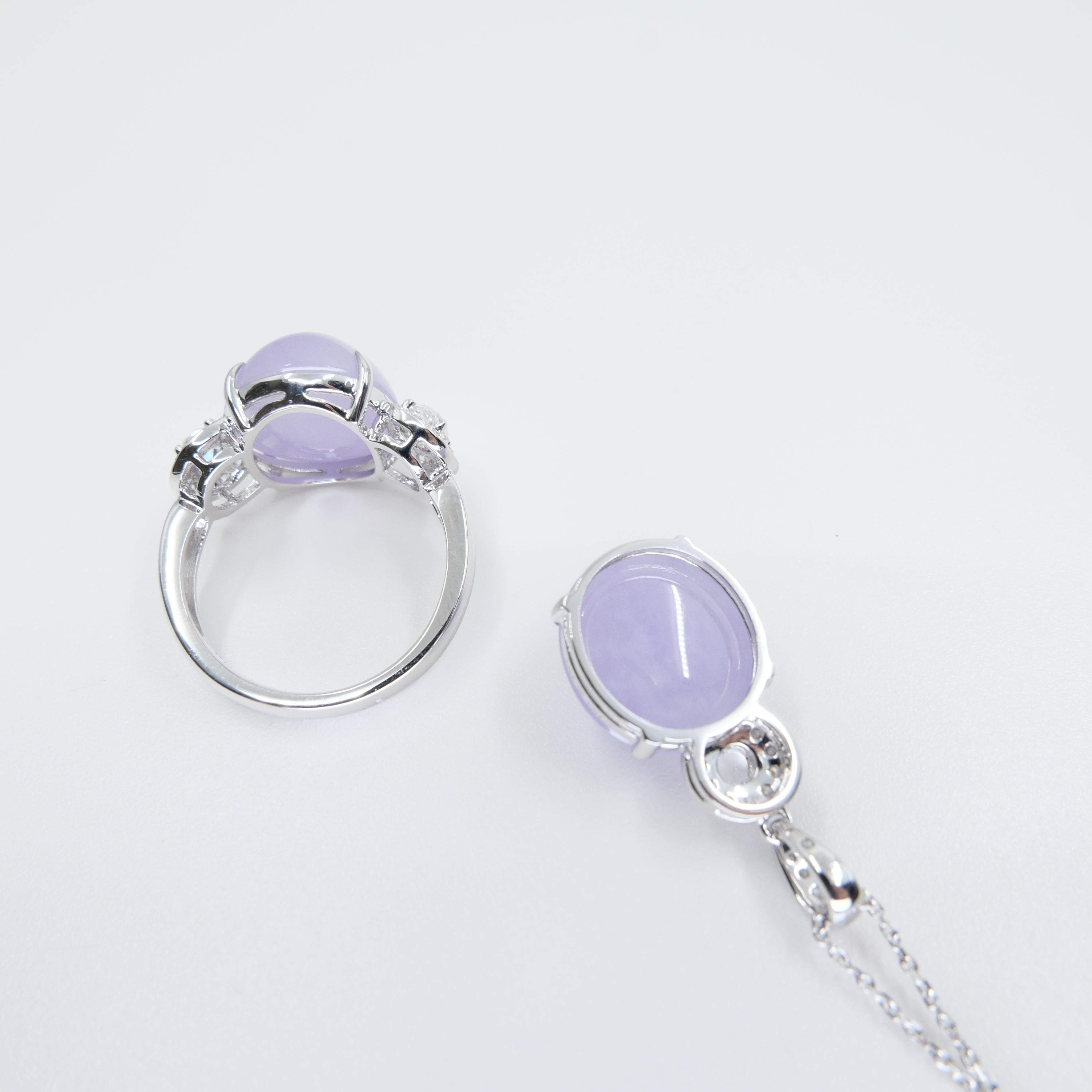 Certified Lavender Jade & Rose Cut Diamond Lucky Horseshoe Ring & Pendant Set.  In New Condition For Sale In Hong Kong, HK