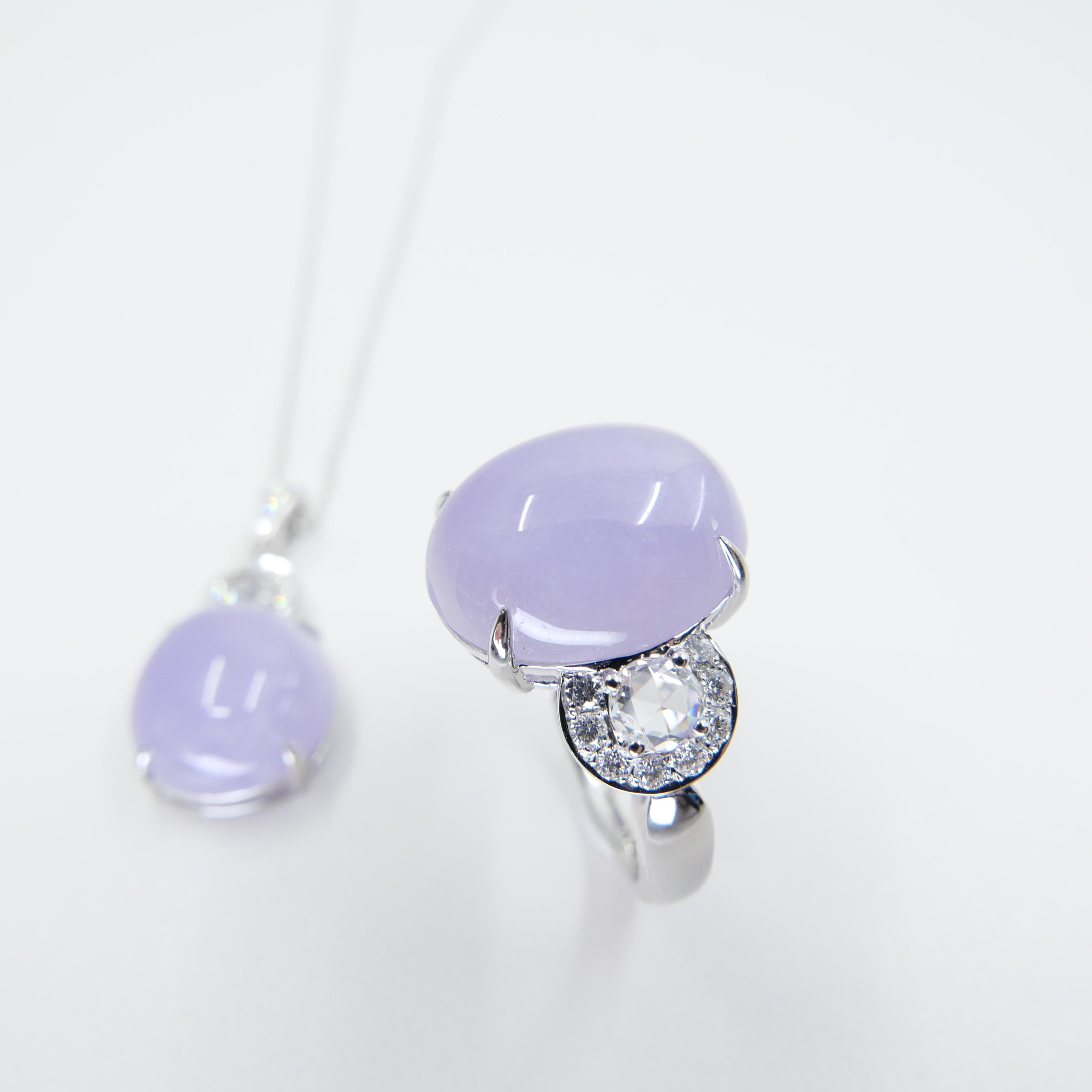Women's Certified Lavender Jade & Rose Cut Diamond Lucky Horseshoe Ring & Pendant Set.  For Sale