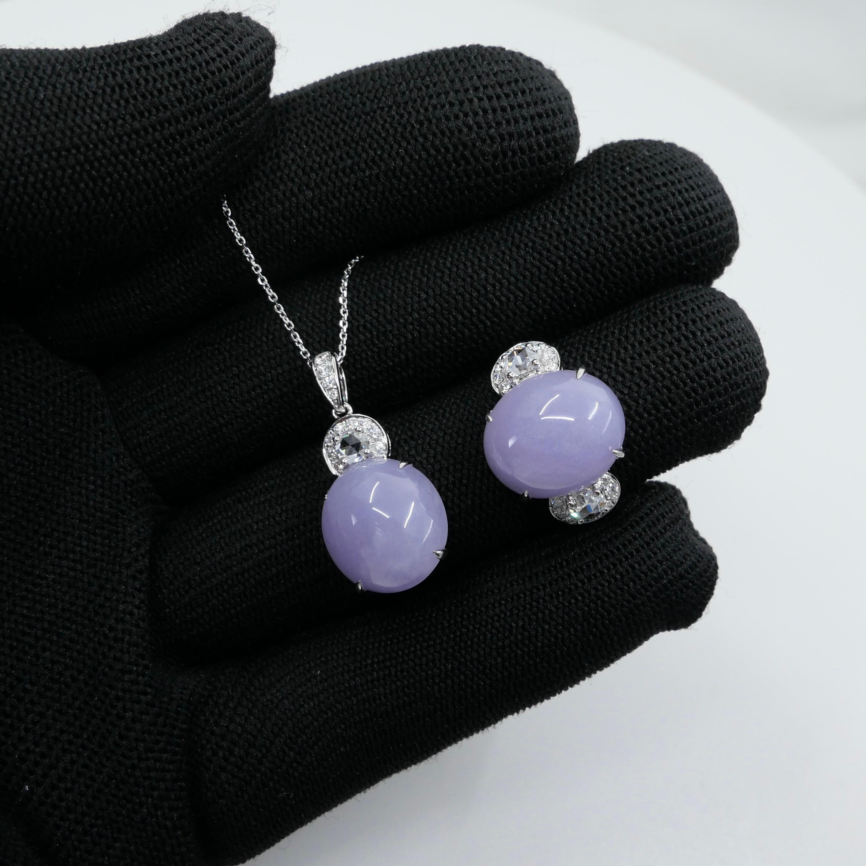 Certified Lavender Jade & Rose Cut Diamond Lucky Horseshoe Ring & Pendant Set.  For Sale 1