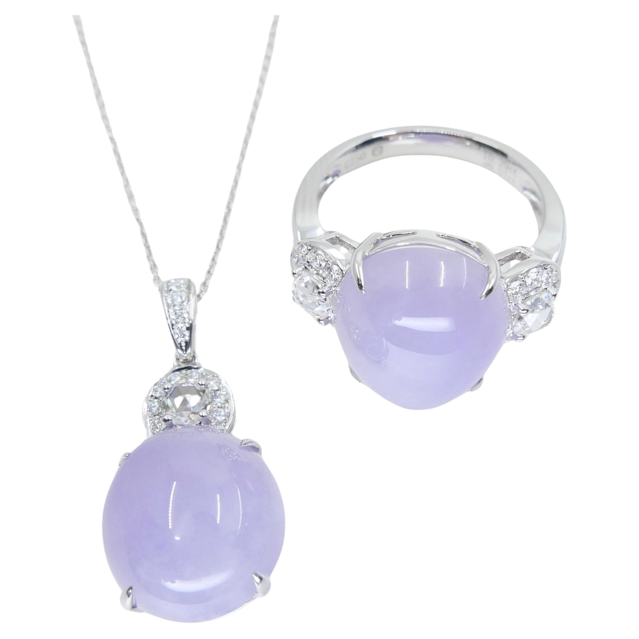 Certified Lavender Jade & Rose Cut Diamond Lucky Horseshoe Ring & Pendant Set.  For Sale
