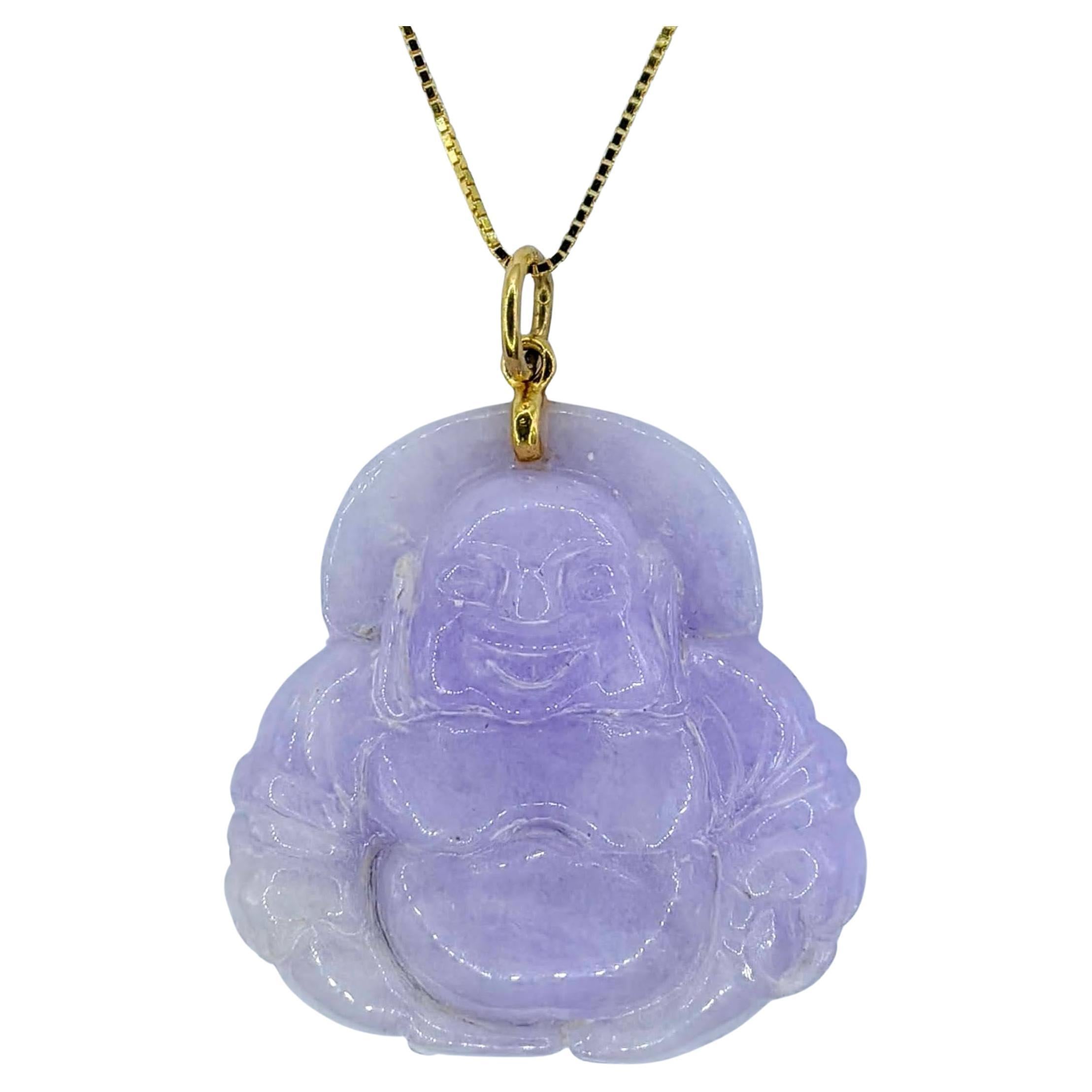 Certified Lavender Jadeite Jade Laughing Buddha Carved Pendant 18K Yellow Gold