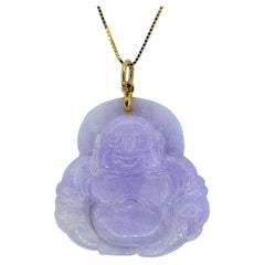 Certified Lavender Jadeite Jade Laughing Buddha Carved Pendant 18K Yellow Gold