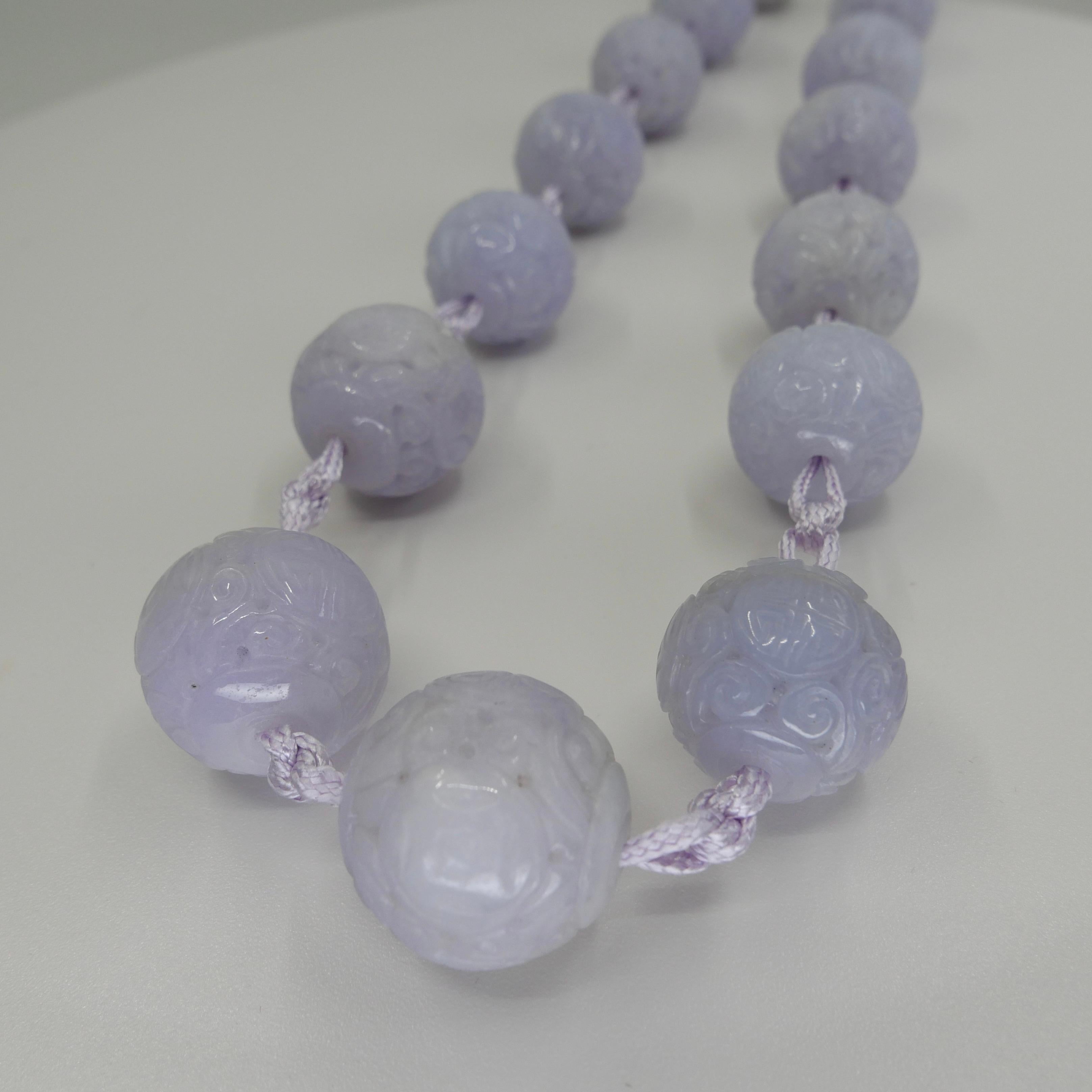 Certified Light Lavender Carved Jade Beads Necklace For Sale 5