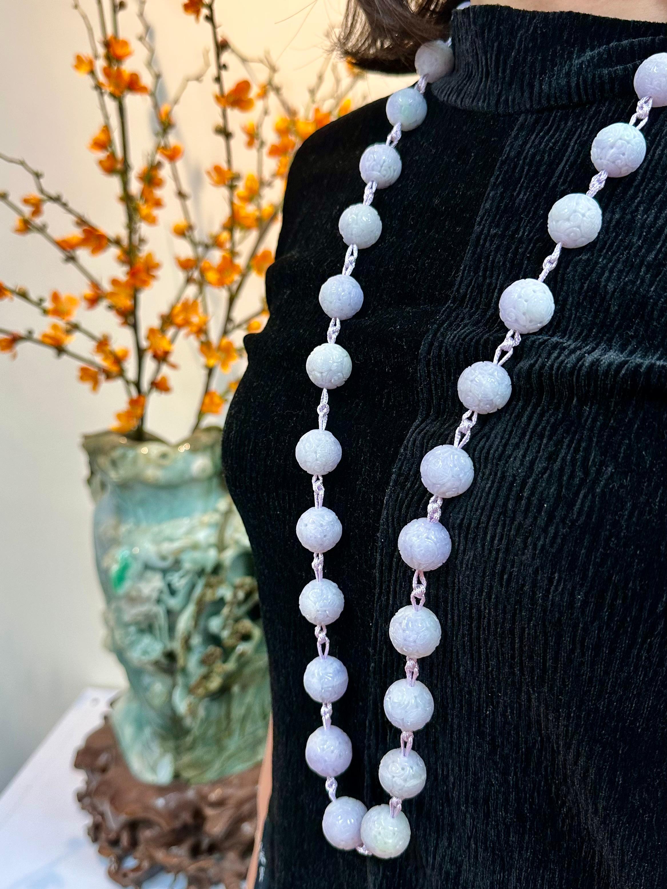 Certified Light Lavender Carved Jade Beads Necklace For Sale 6
