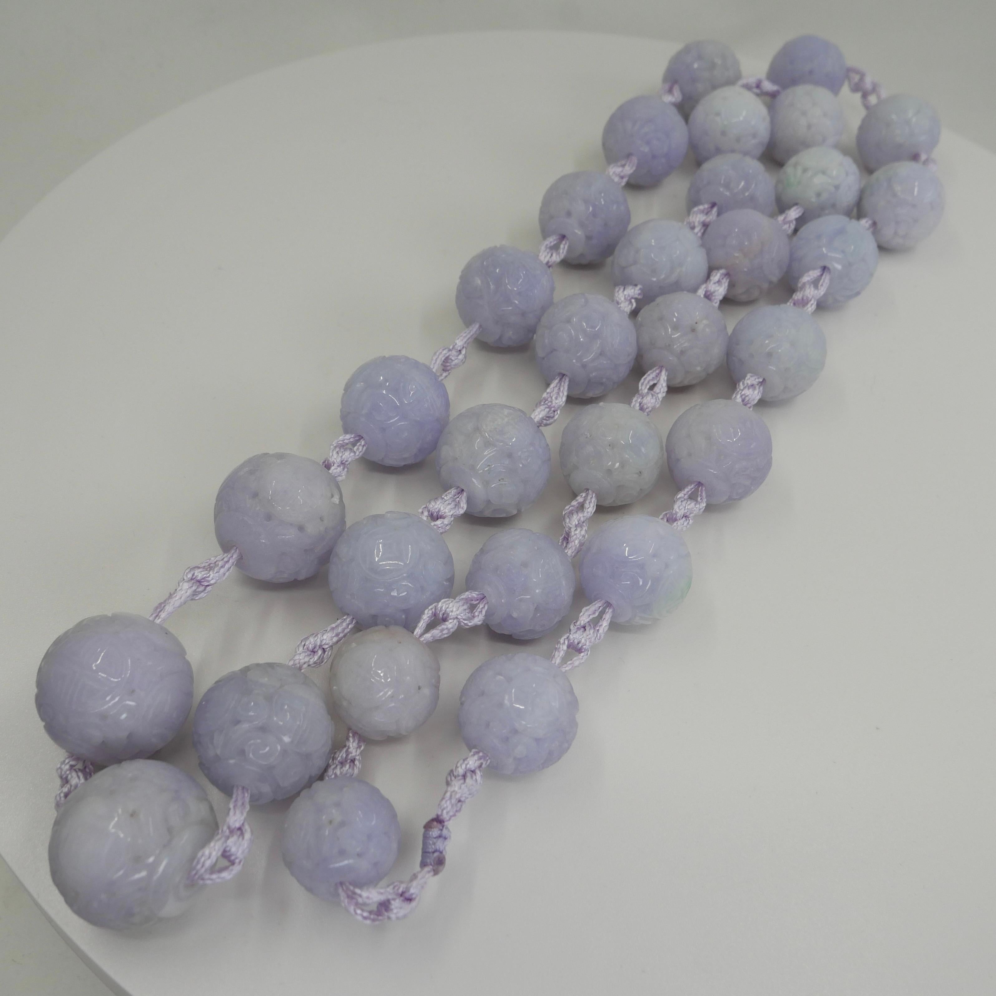 Certified Light Lavender Carved Jade Beads Necklace For Sale 7