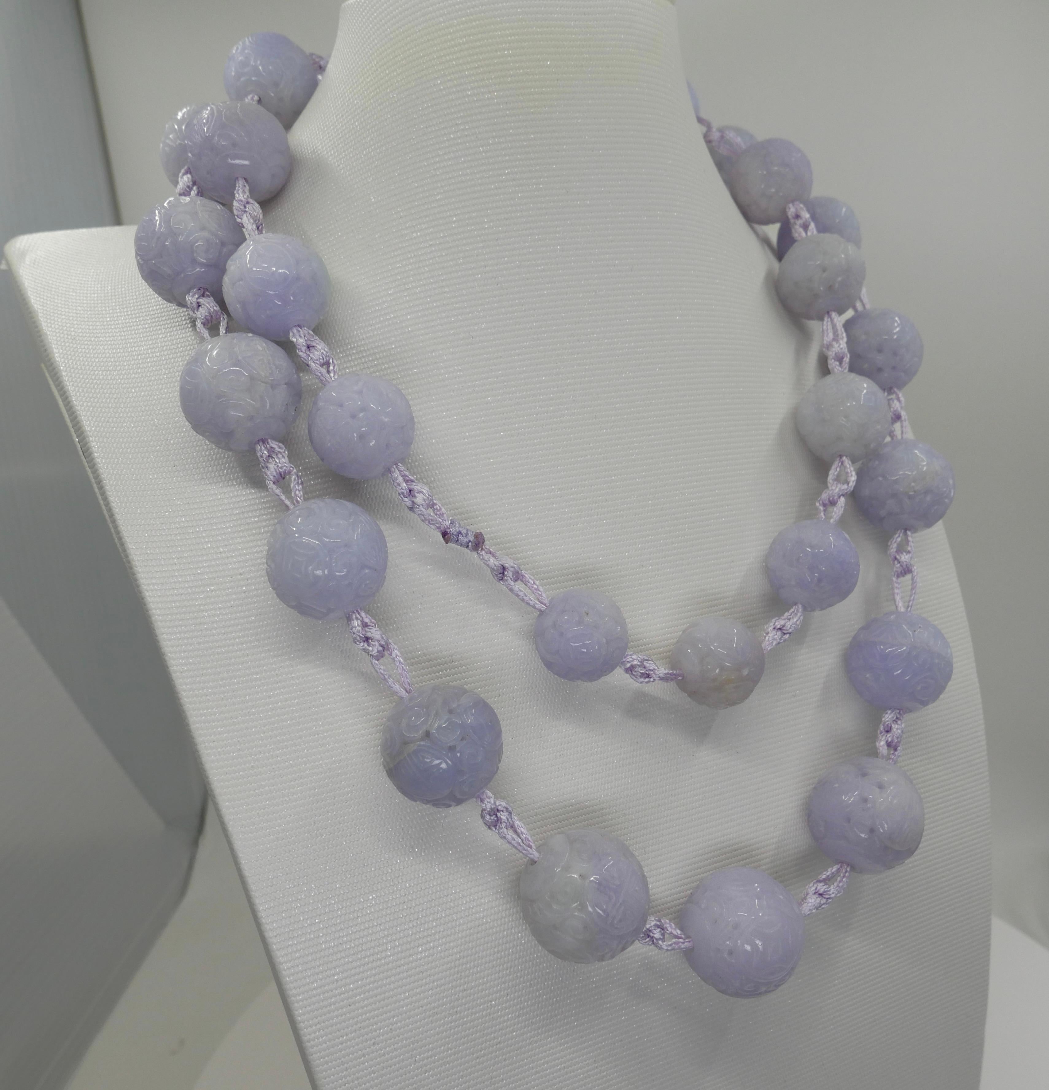 Certified Light Lavender Carved Jade Beads Necklace For Sale 9