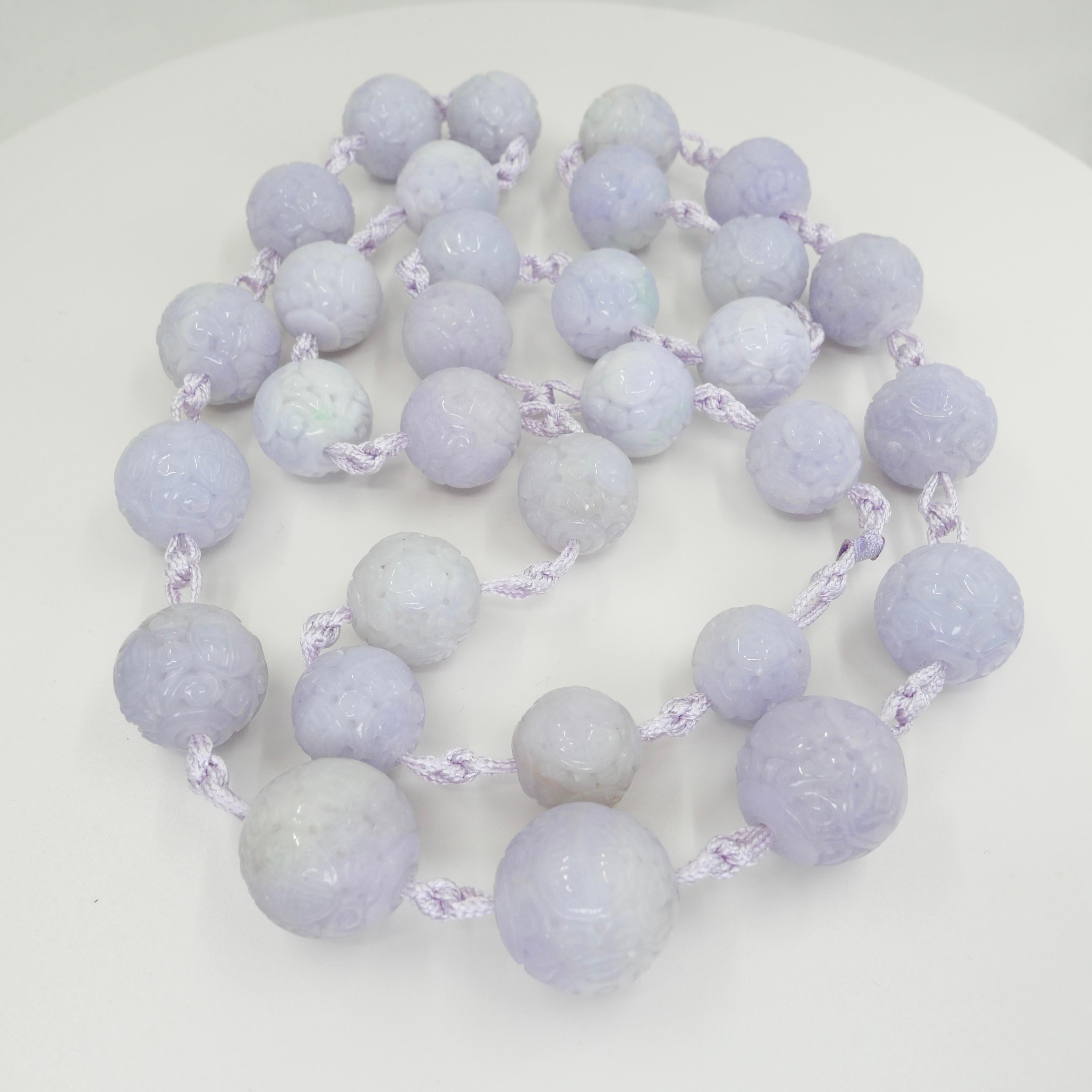 Certified Light Lavender Carved Jade Beads Necklace For Sale 13