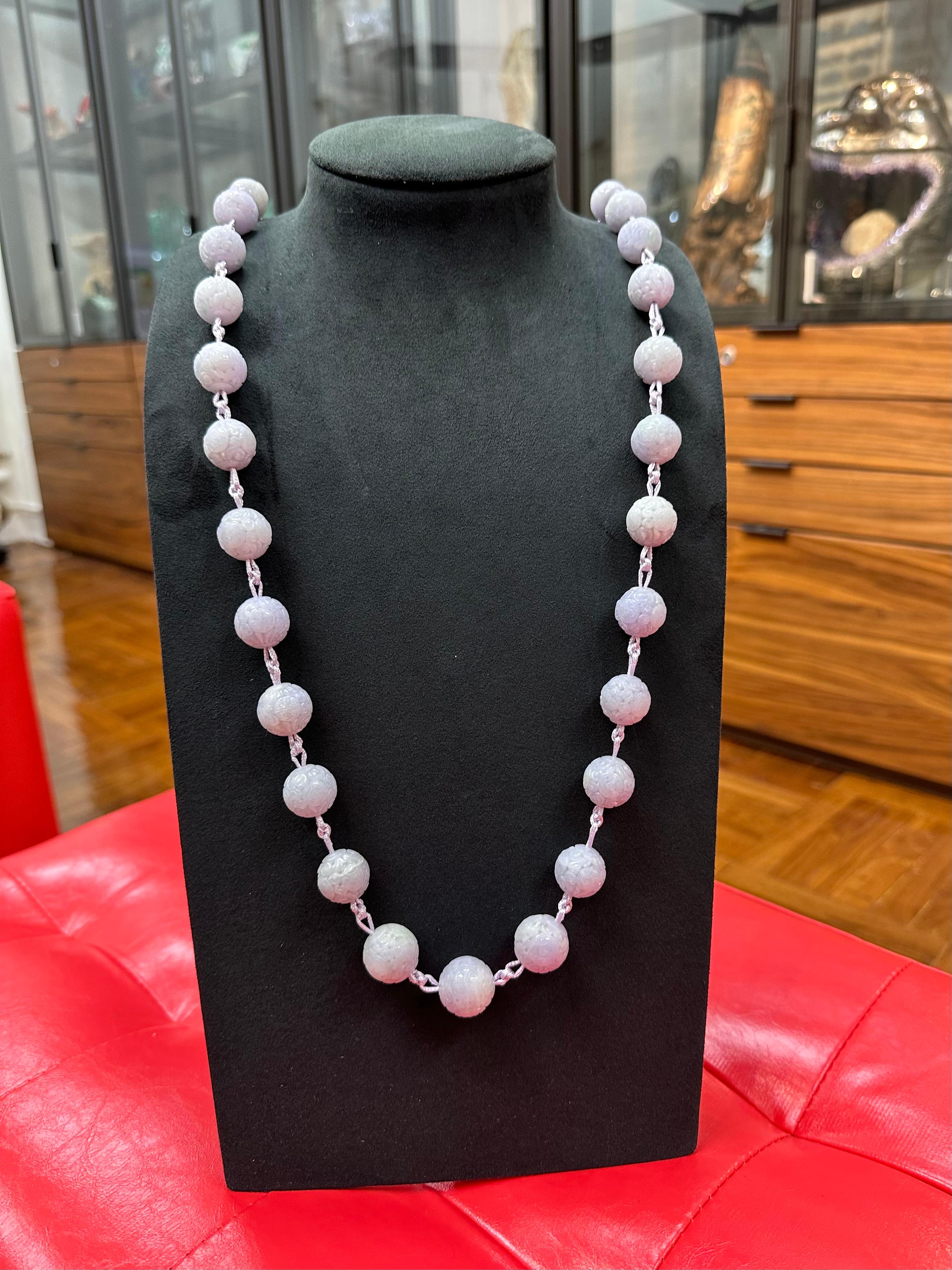 Certified Light Lavender Carved Jade Beads Necklace For Sale 14