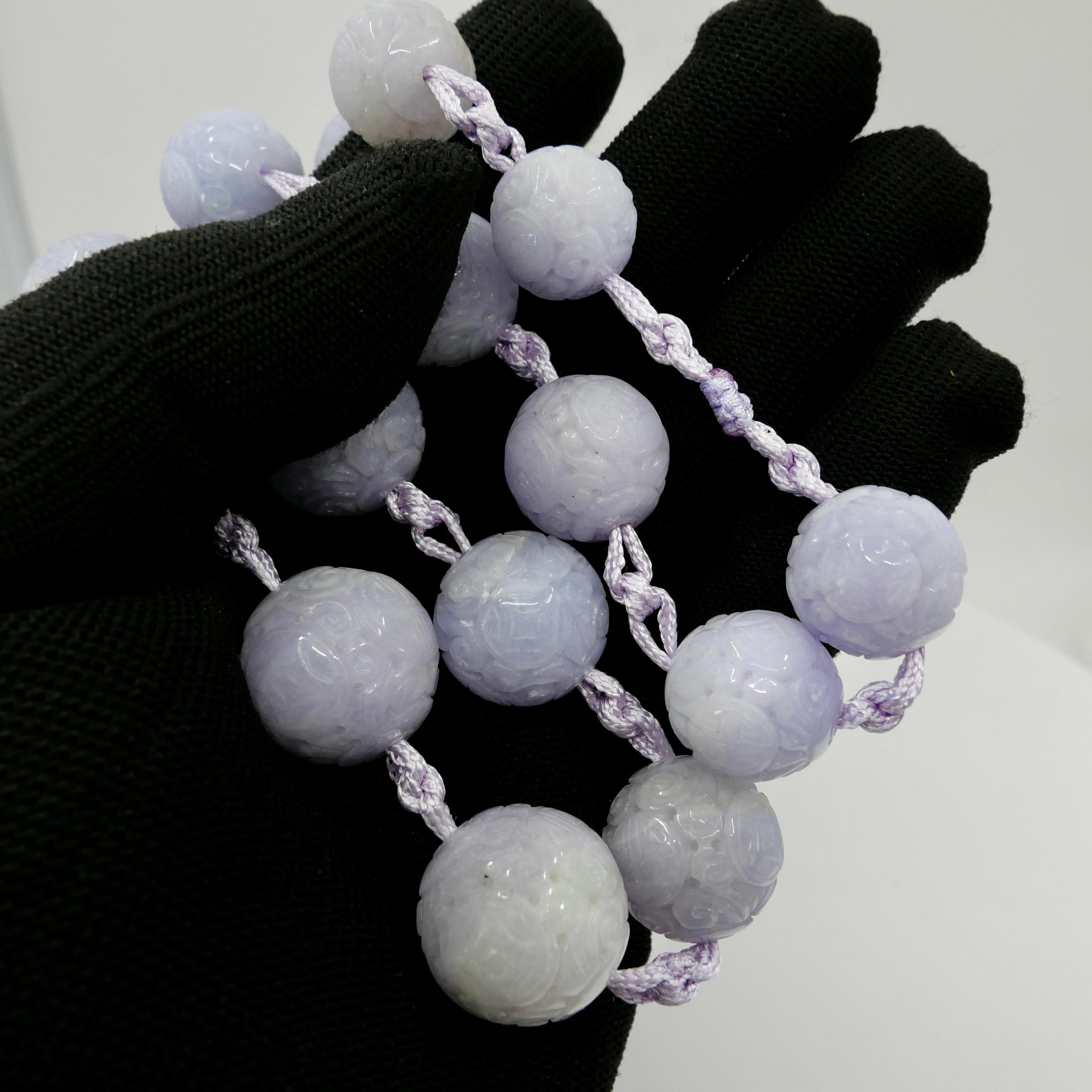 Certified Light Lavender Carved Jade Beads Necklace In New Condition For Sale In Hong Kong, HK