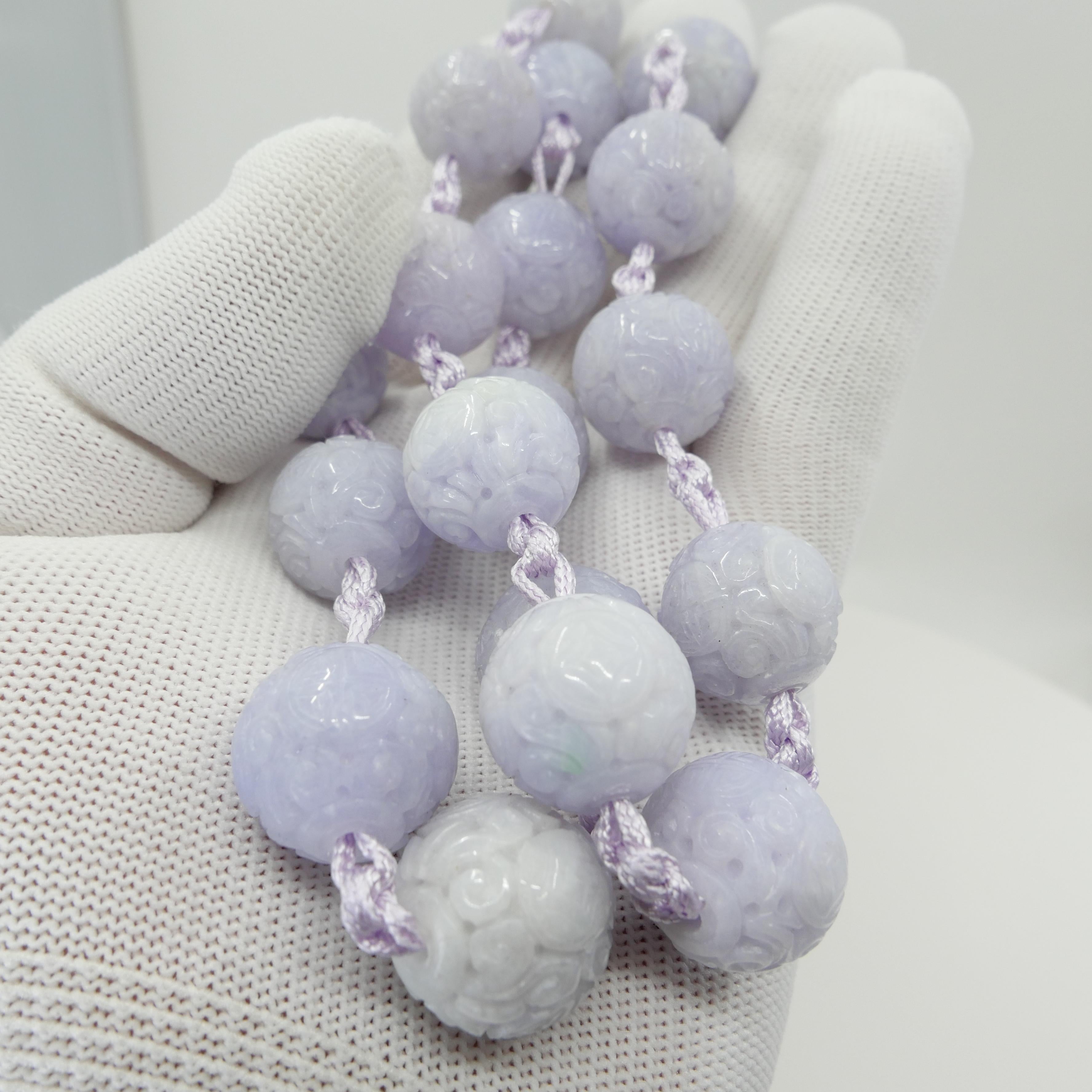 Women's Certified Light Lavender Carved Jade Beads Necklace For Sale