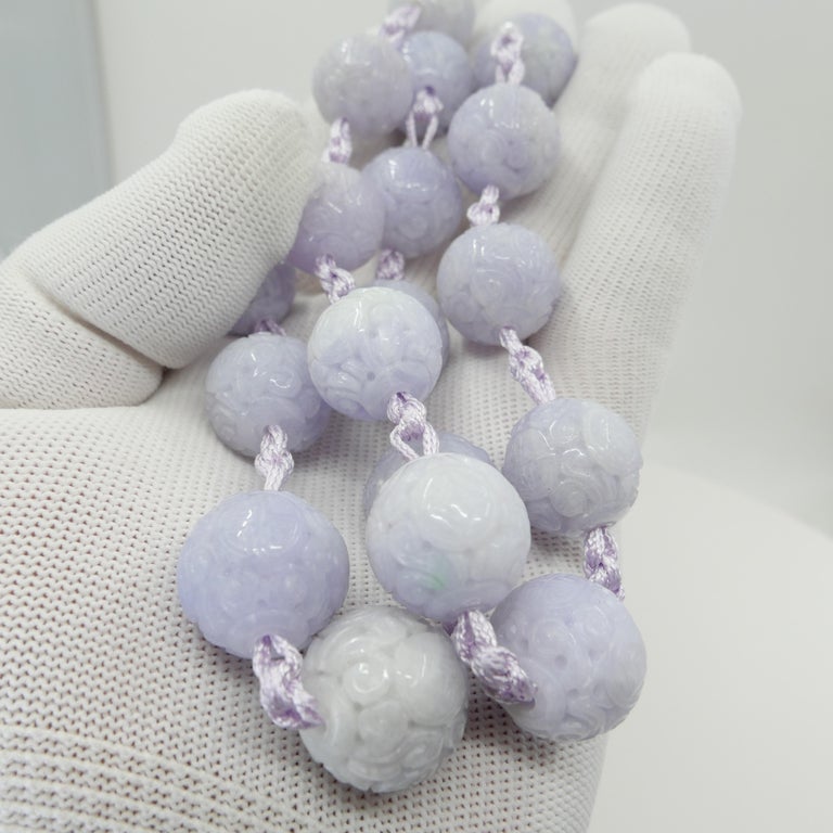 Certified Light Lavender Carved Jade Beads Necklace For Sale at 1stDibs