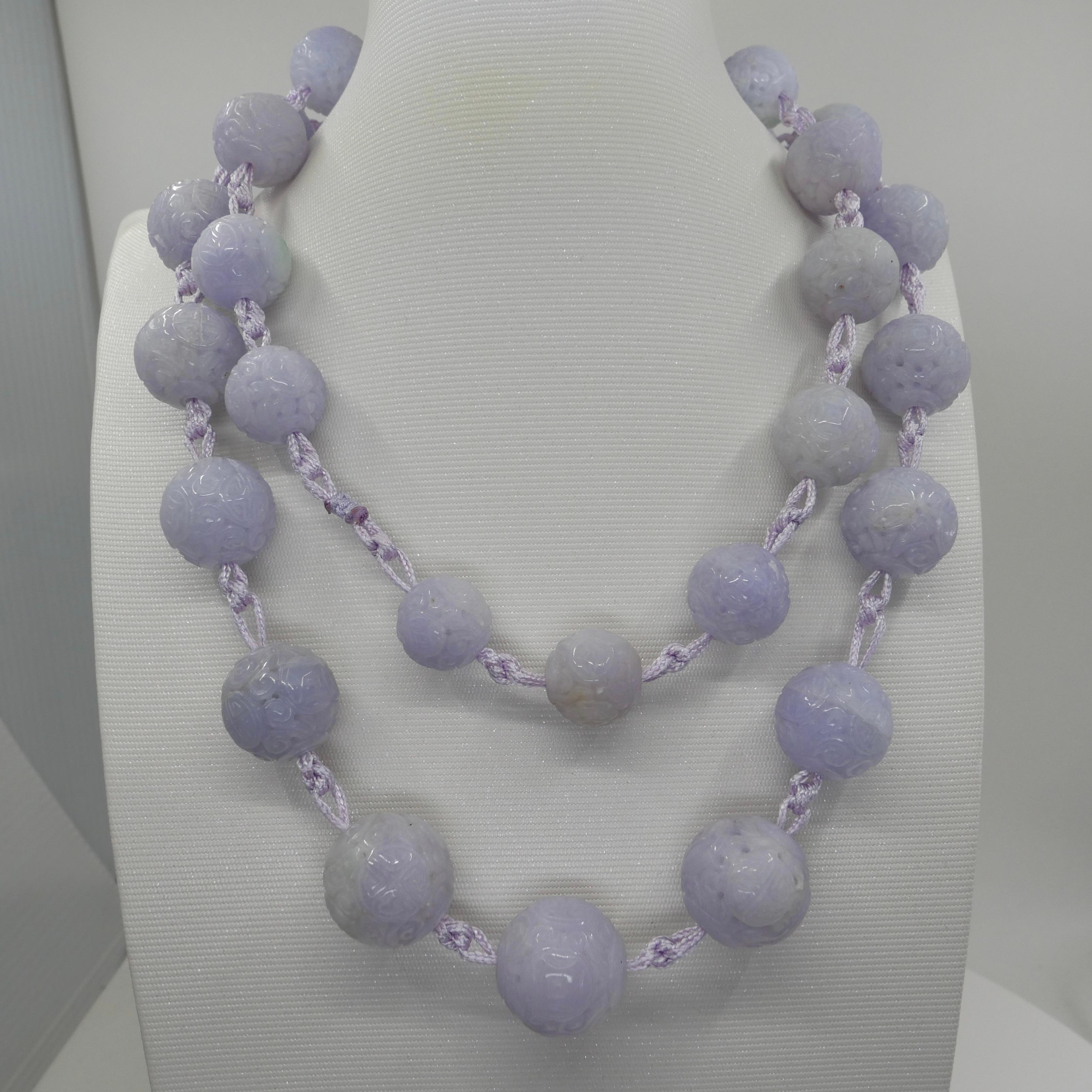 Certified Light Lavender Carved Jade Beads Necklace For Sale 1