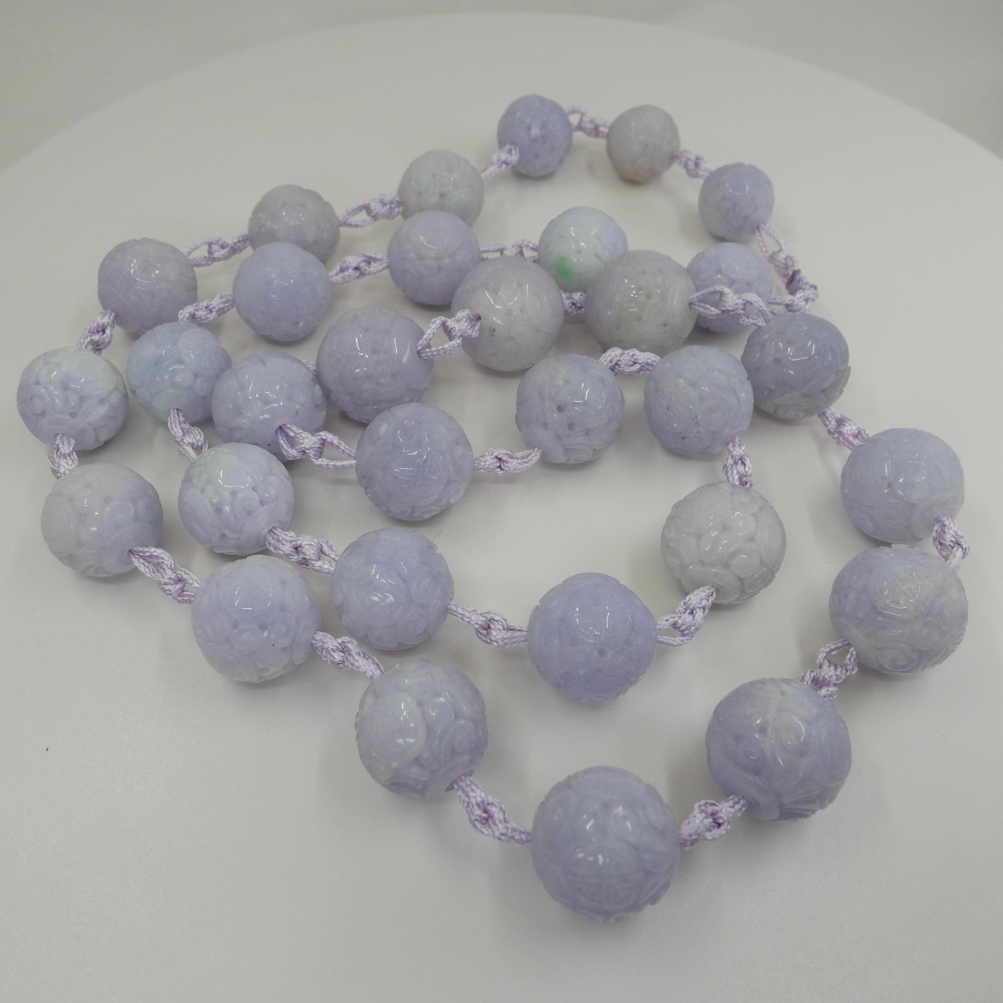Certified Light Lavender Carved Jade Beads Necklace For Sale 2