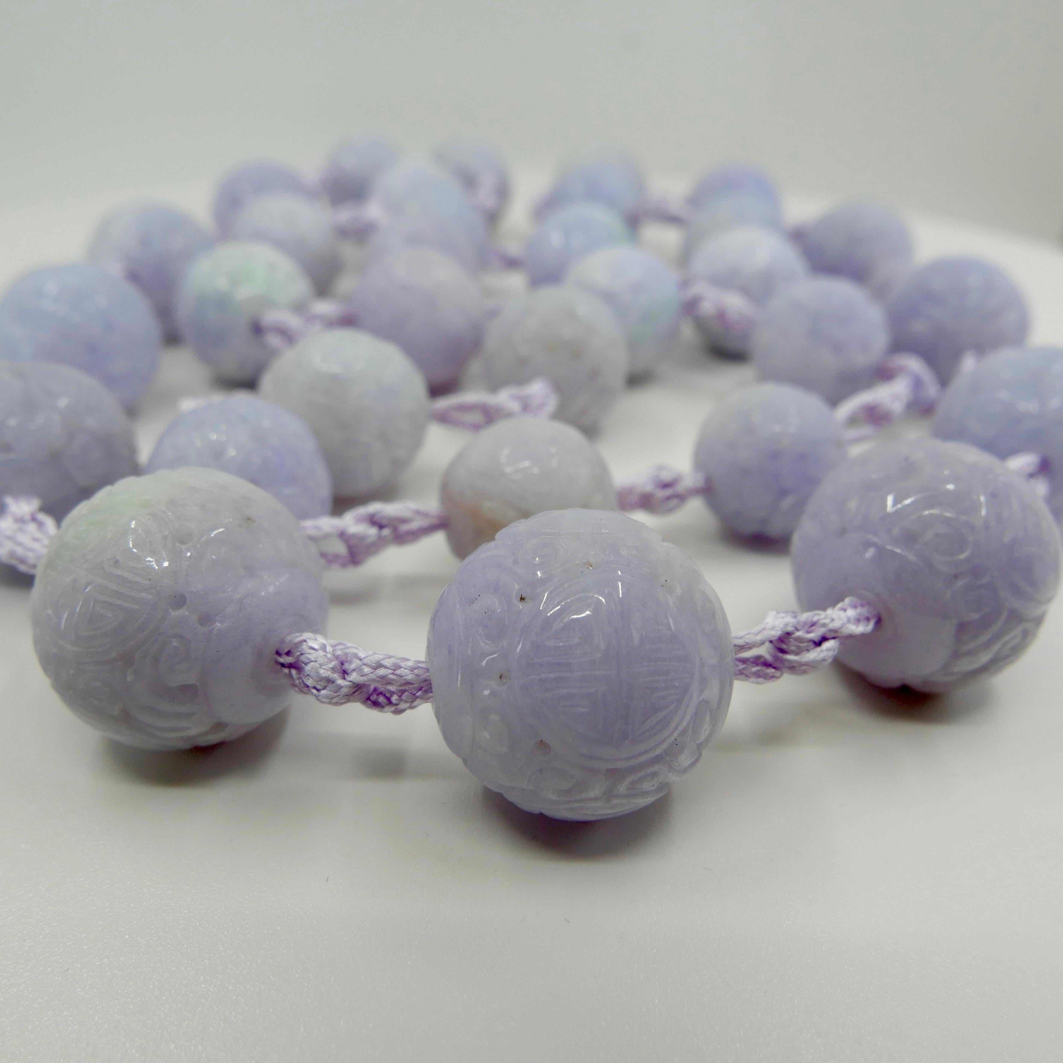 Certified Light Lavender Carved Jade Beads Necklace For Sale 3