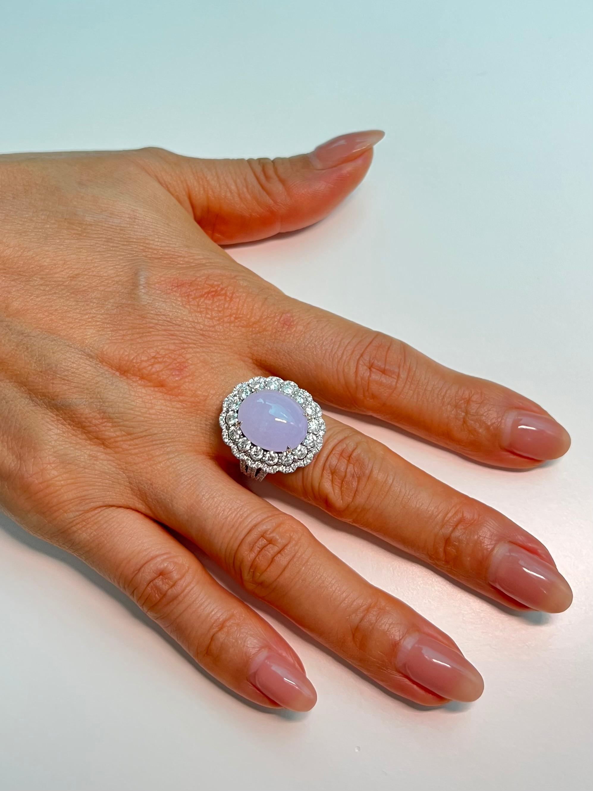 Certified Light Lavender Jadeite Jade & Diamond Cocktail Ring, Light Purple For Sale 4