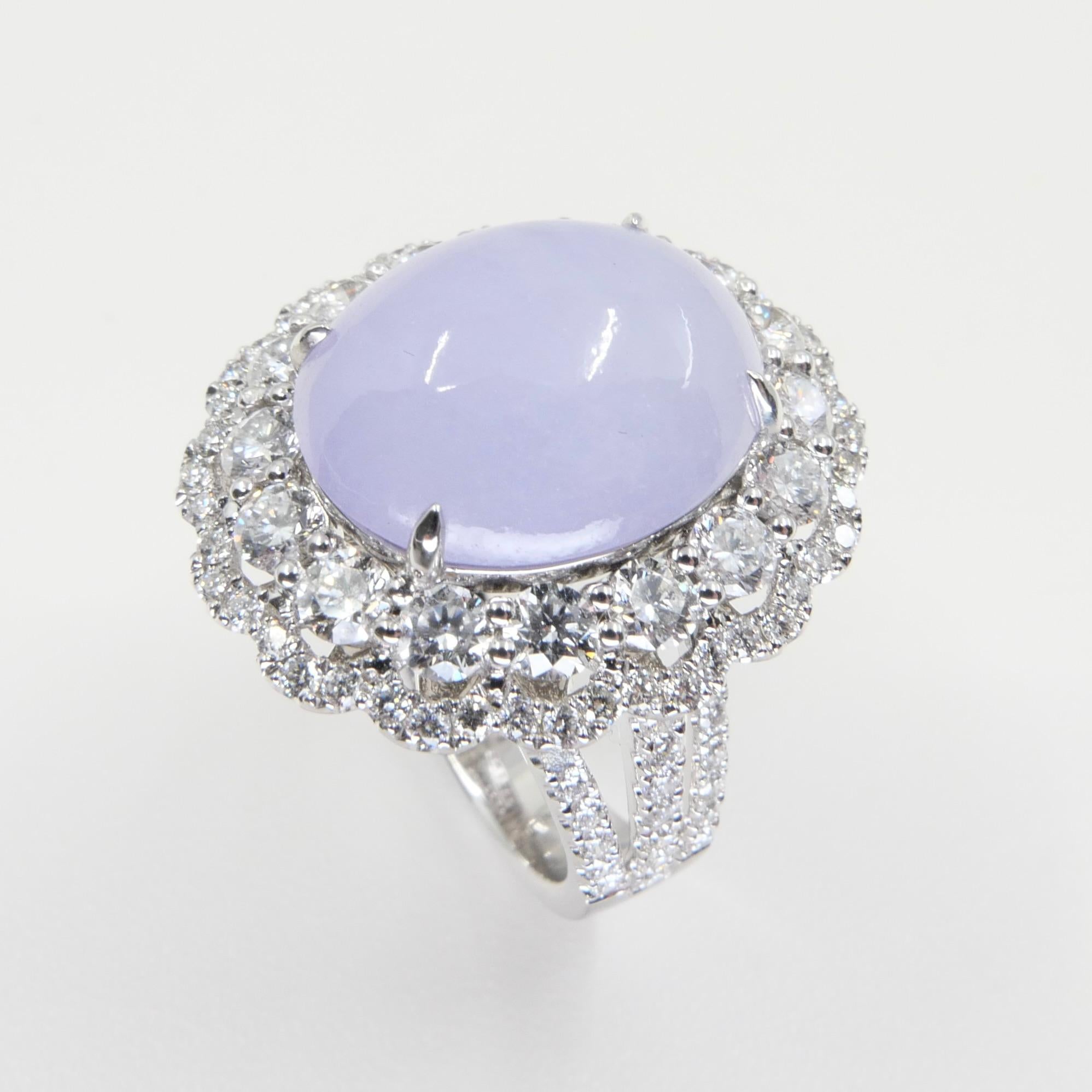 Contemporary Certified Light Lavender Jadeite Jade & Diamond Cocktail Ring, Light Purple For Sale
