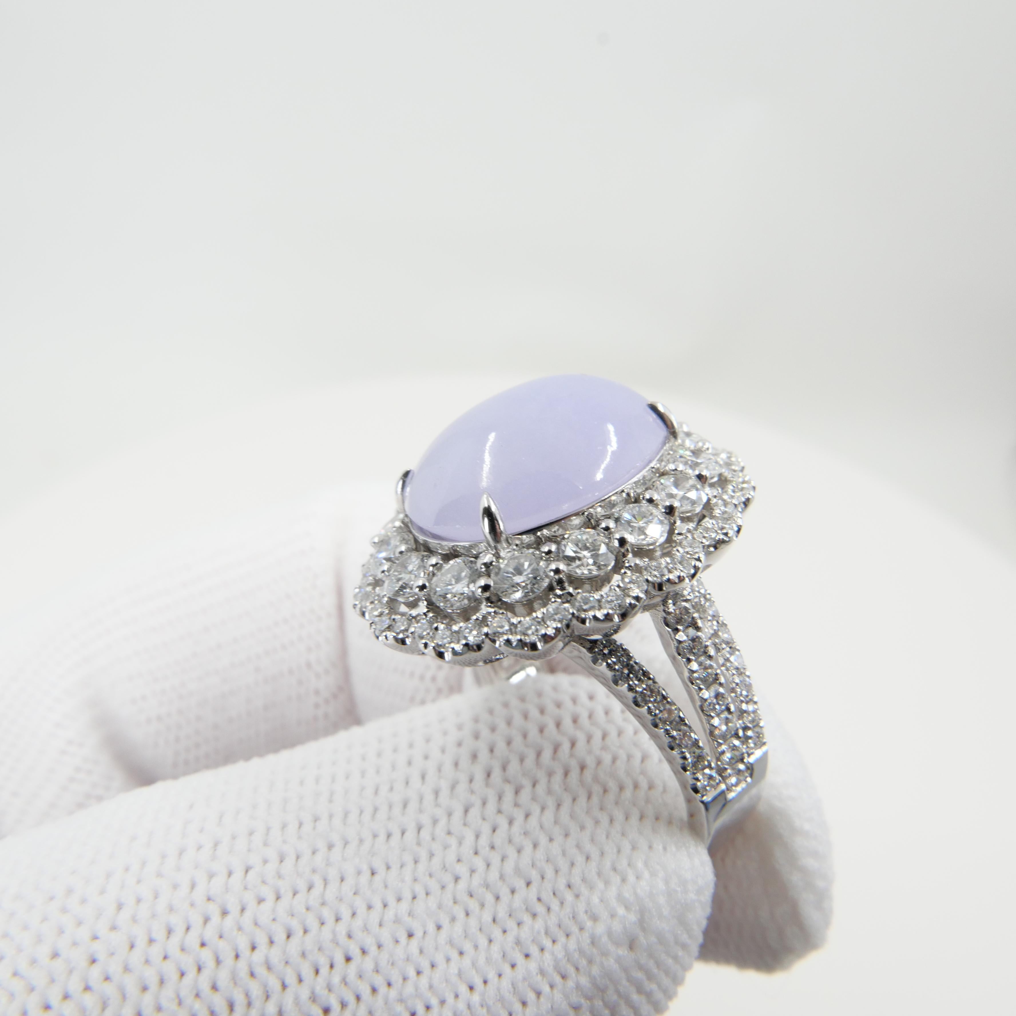 Certified Light Lavender Jadeite Jade & Diamond Cocktail Ring, Light Purple For Sale 1