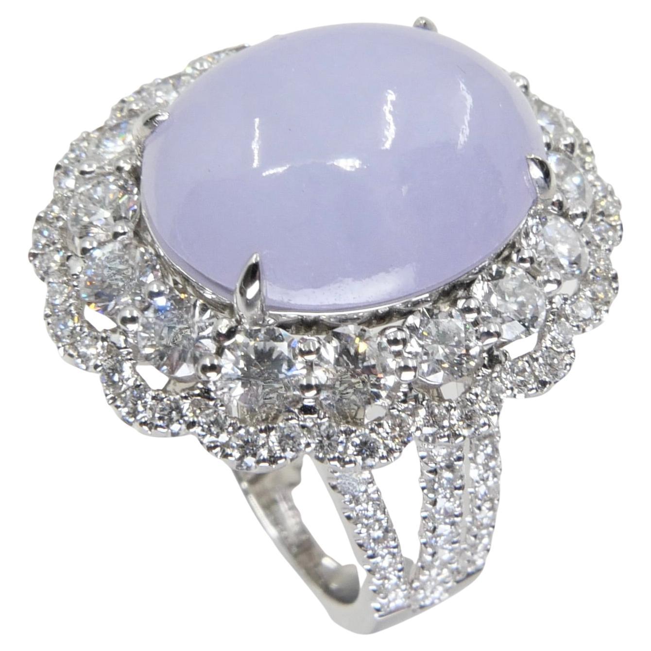 Certified Light Lavender Jadeite Jade & Diamond Cocktail Ring, Light Purple For Sale