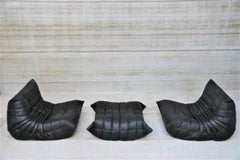 CERTIFIED Ligne Roset 2 TOGO Fireside Seats & 1 Pouf in Black Leather #1 QUALITY