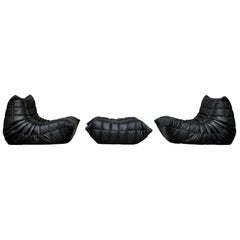 Retro CERTIFIED Ligne Roset 2 TOGO Fireside Seats & 1 Pouf in Black Leather #1 QUALITY