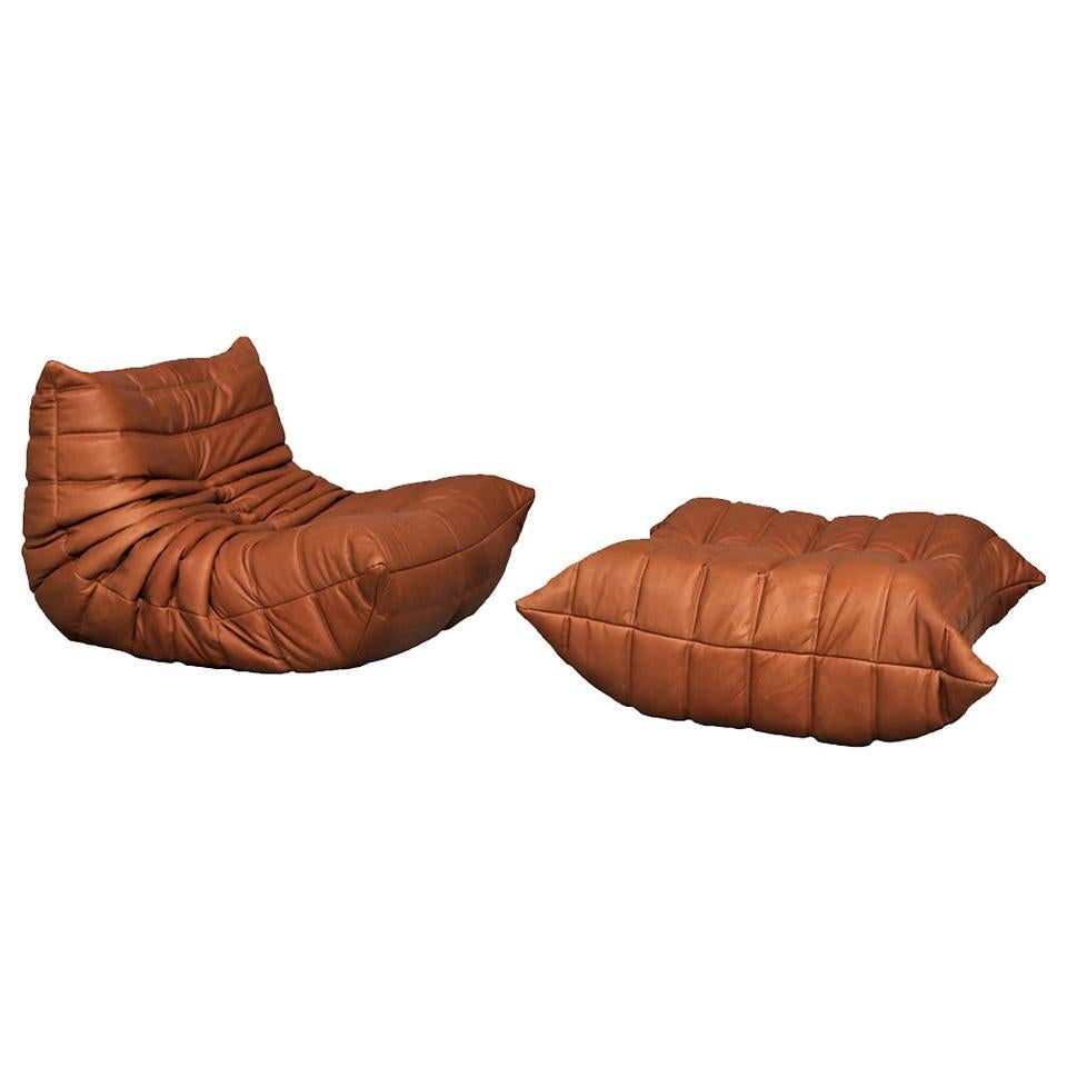 CERTIFIED Ligne Roset TOGO Fireside Chair & Pouf in Cognac Leather, TOP QUALITY For Sale