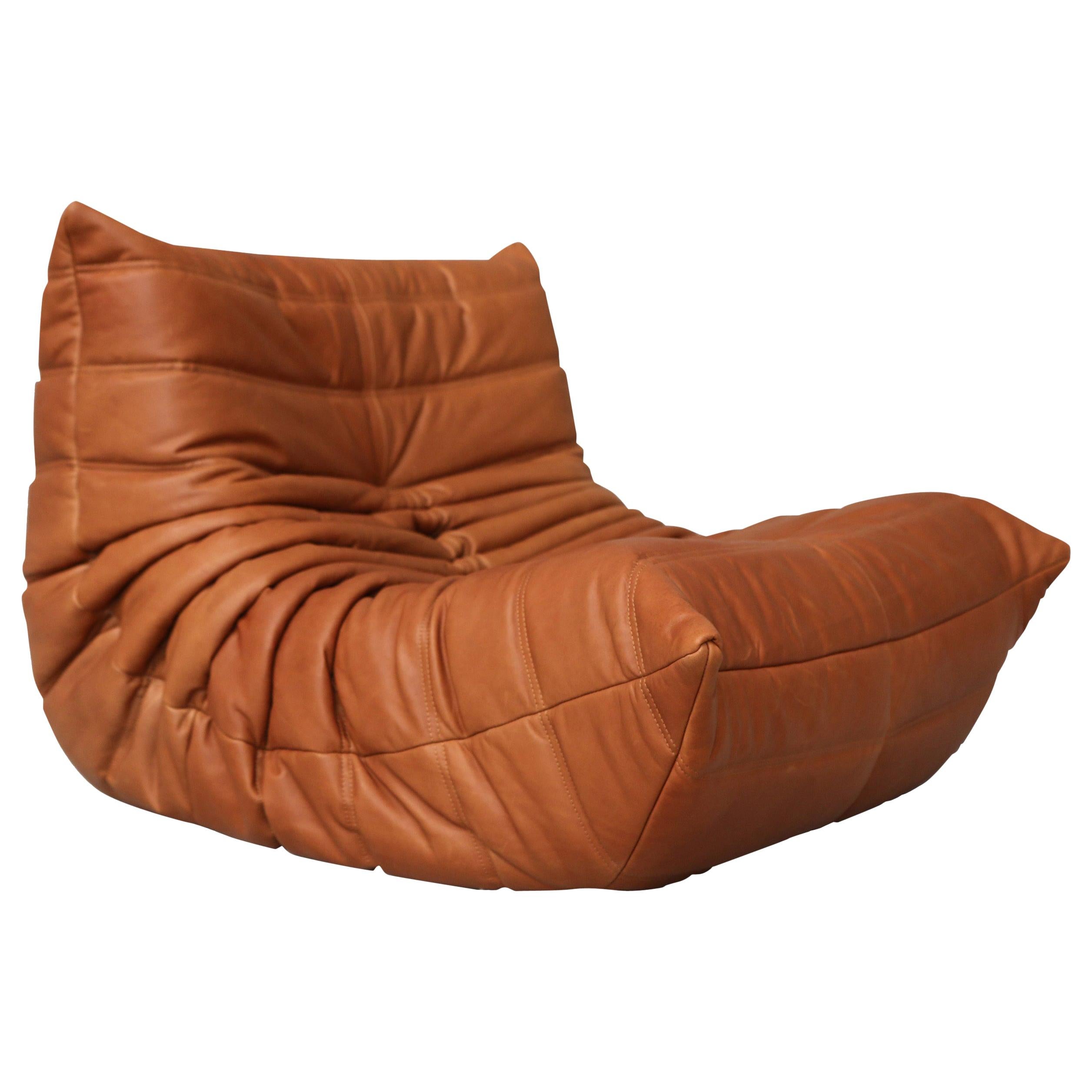 CERTIFIED Ligne Roset TOGO Fireside in Natural Cognac Leather, DIAMOND QUALITY For Sale